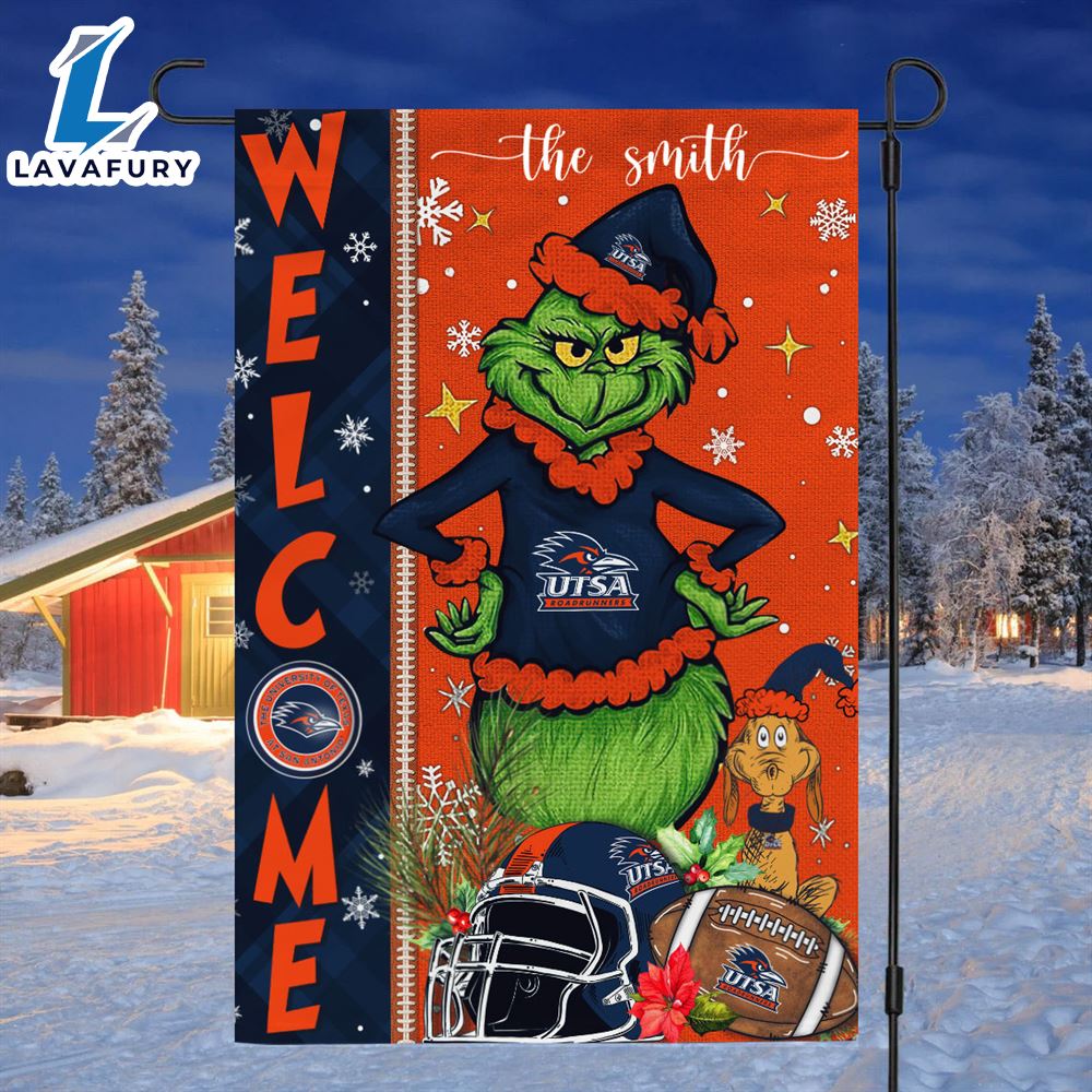 Custom Name NCAA UTSA Roadrunners Grinch Football Christmas Welcome Garden Flag