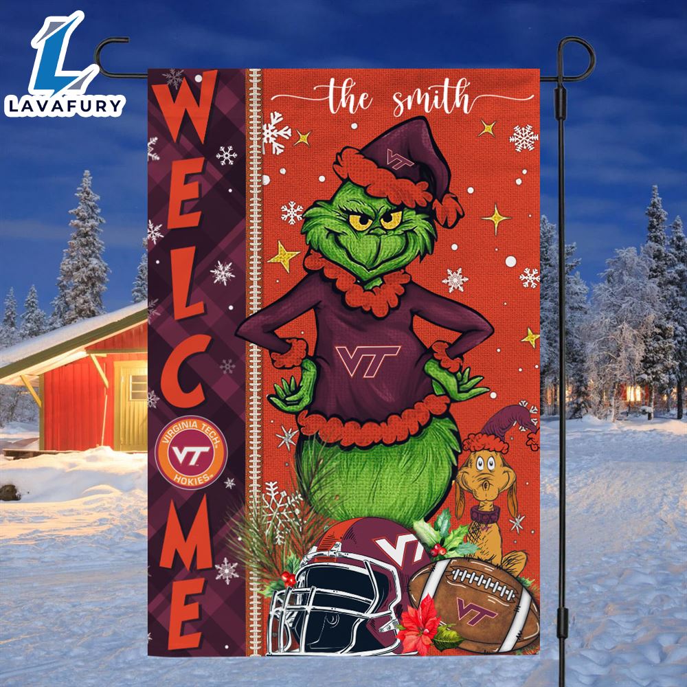 Custom Name NCAA Virginia Tech Hokies Grinch Football Christmas Welcome Garden Flag