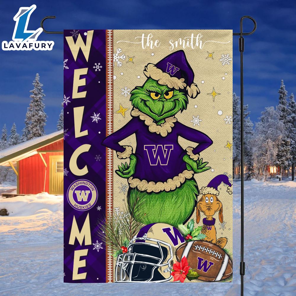 Custom Name NCAA Washington Huskies Grinch Football Christmas Welcome Garden Flag