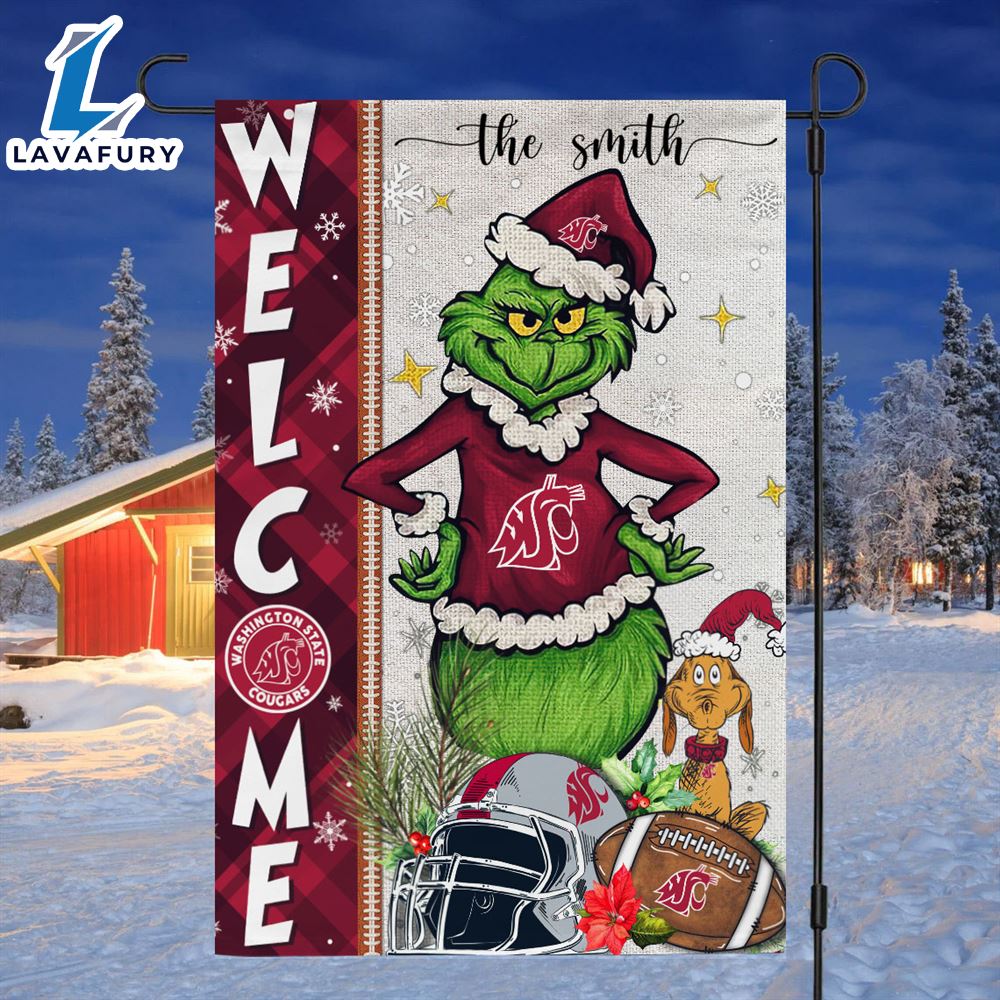 Custom Name NCAA Washington State Cougars Grinch Football Christmas Welcome Garden Flag