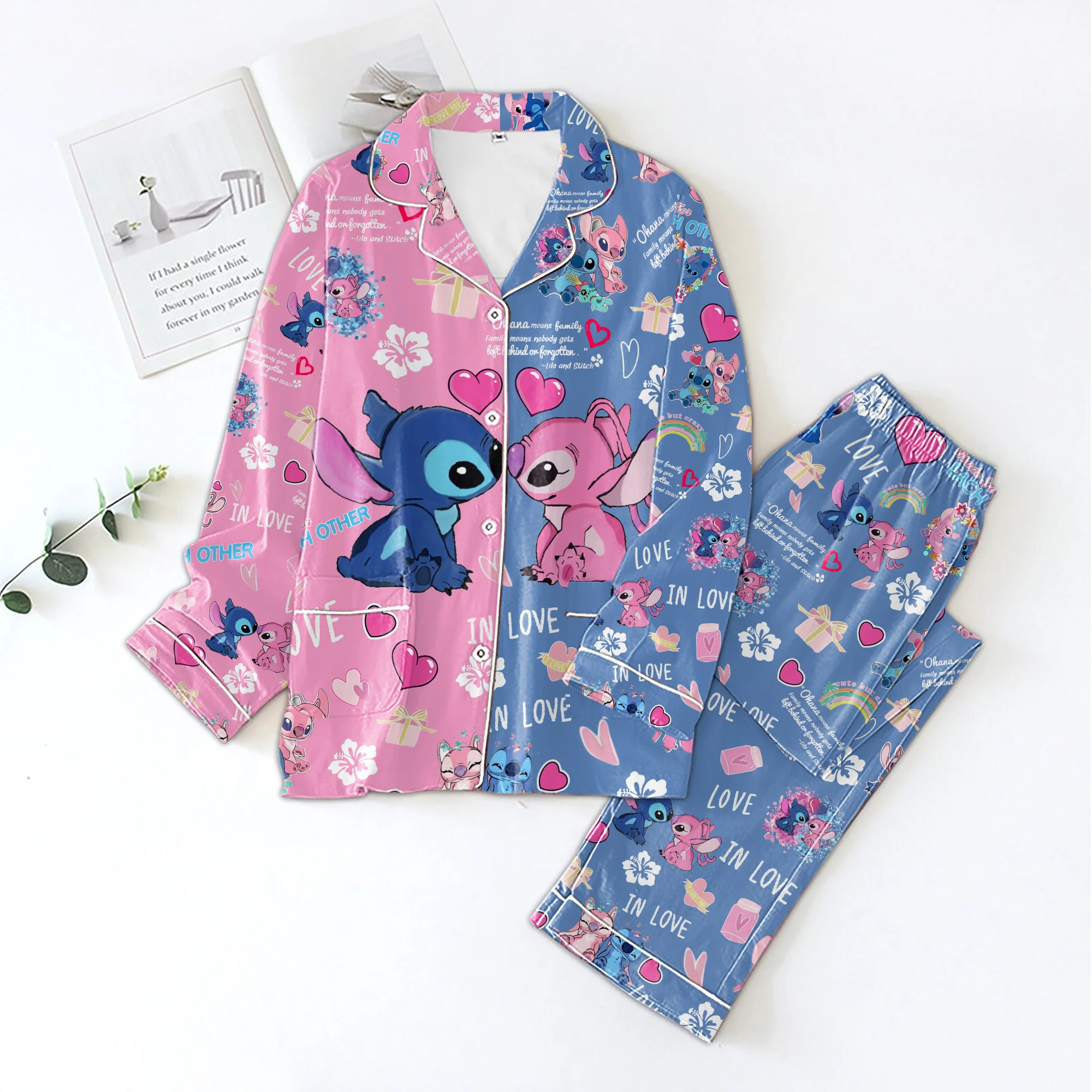 Cute Stitch Valentine Pajamas Set In Pink and Blue2B1 GMPi3