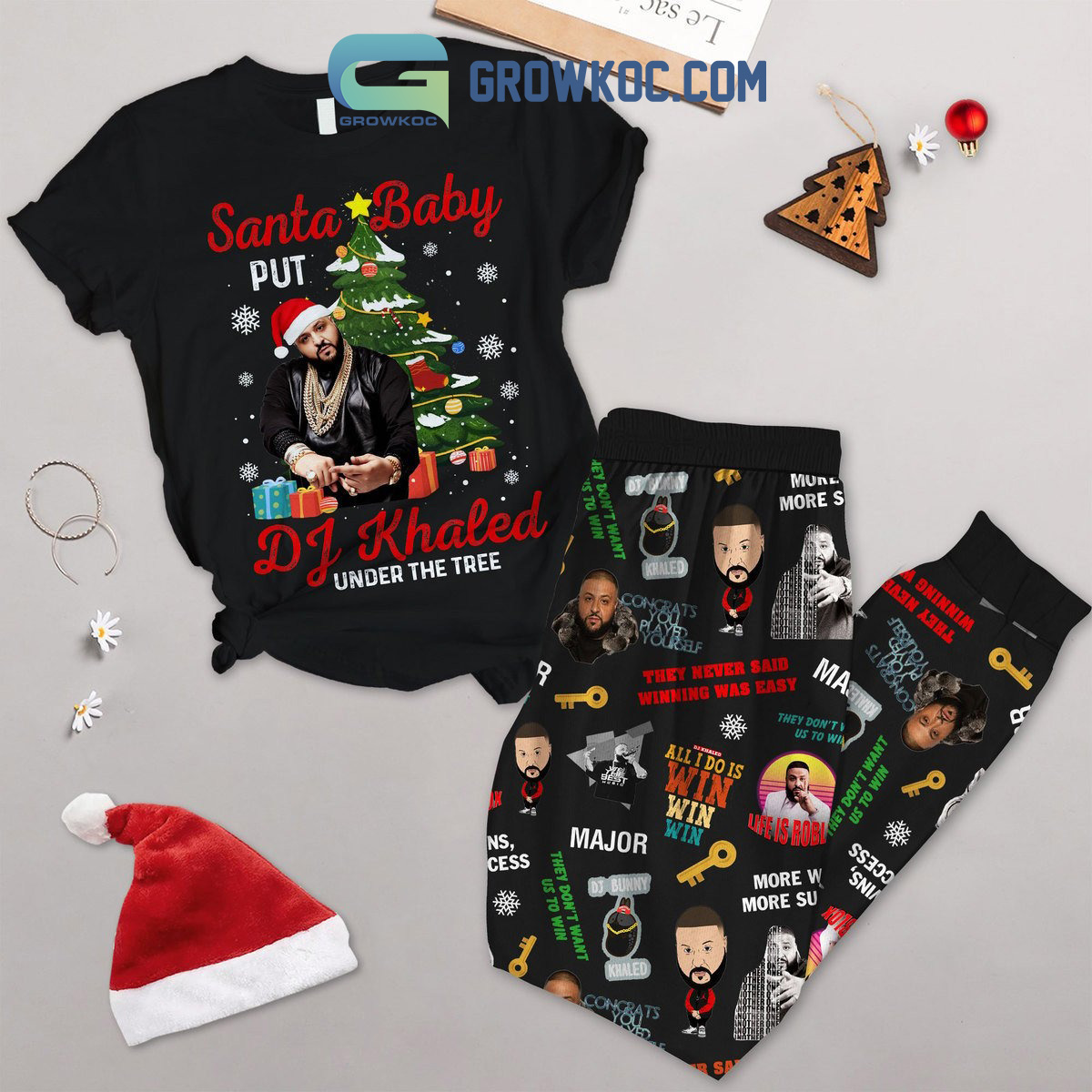 DJ Khaled Under The Tree Santa Christmas Fleece Pajamas Set2B1 KEbZT