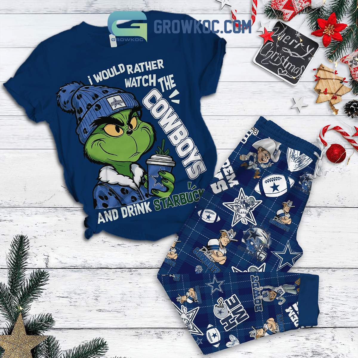 Dallas Cowboys Grinch Drink Starbucks Fleece Pajamas Set 2B1 m1qBF