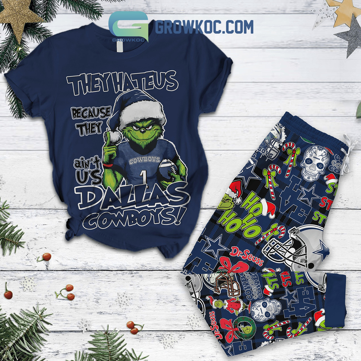 Dallas Cowboys Grinch Hate Us Christmas Fleece Pajamas Set2B1 CRmcw