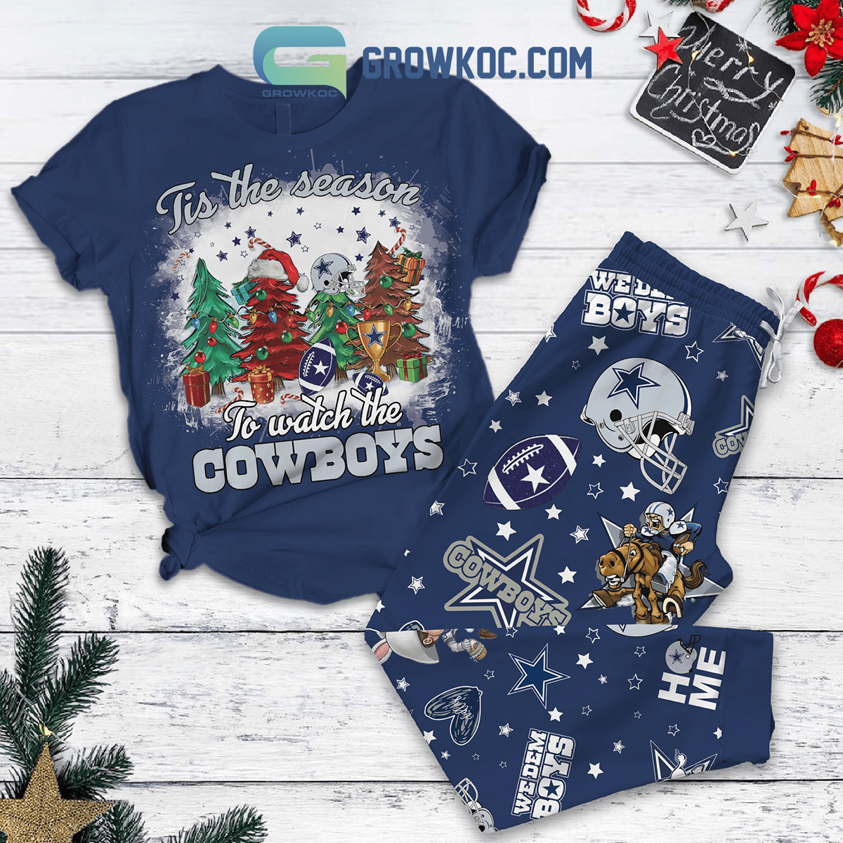 Dallas Cowboys Tis The Season To Watch The Cowboys Ho Me We Dem Boys Rowdy Christmas Fleece Pajama Set2B0 UphMi