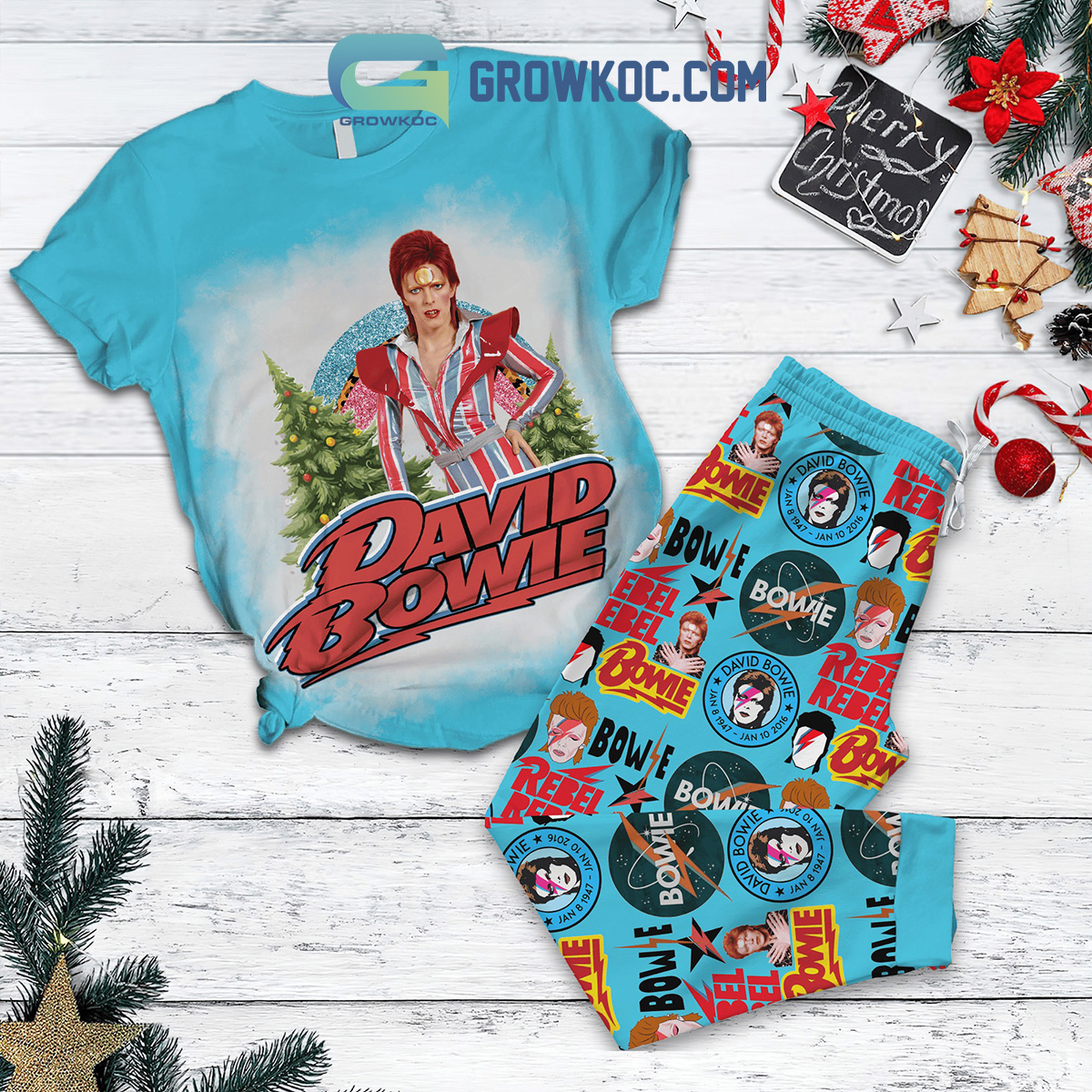 David Bowie Christmas Tree Fleece Pajamas Set2B1 g10ZN