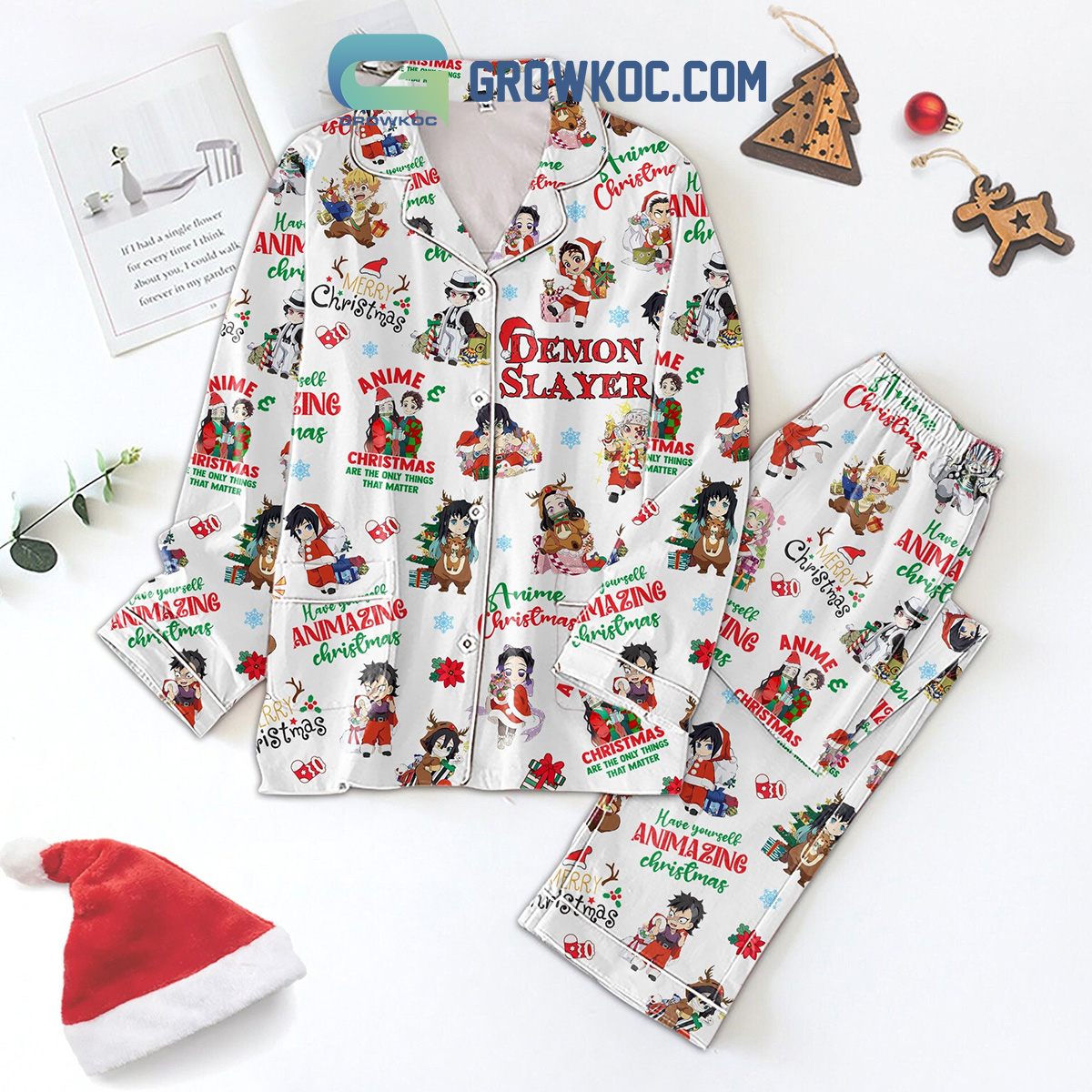 Demon Slayer Anime Christmas Have Yourself Animazing Christmas Silk Pajamas Set2B1 oO6PP