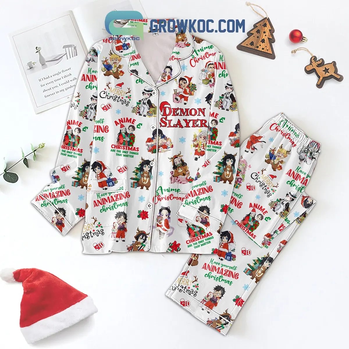 Demon Slayer Anime Christmas Have Yourself Animazing Christmas Silk Pajamas Set2B1 oO6PP