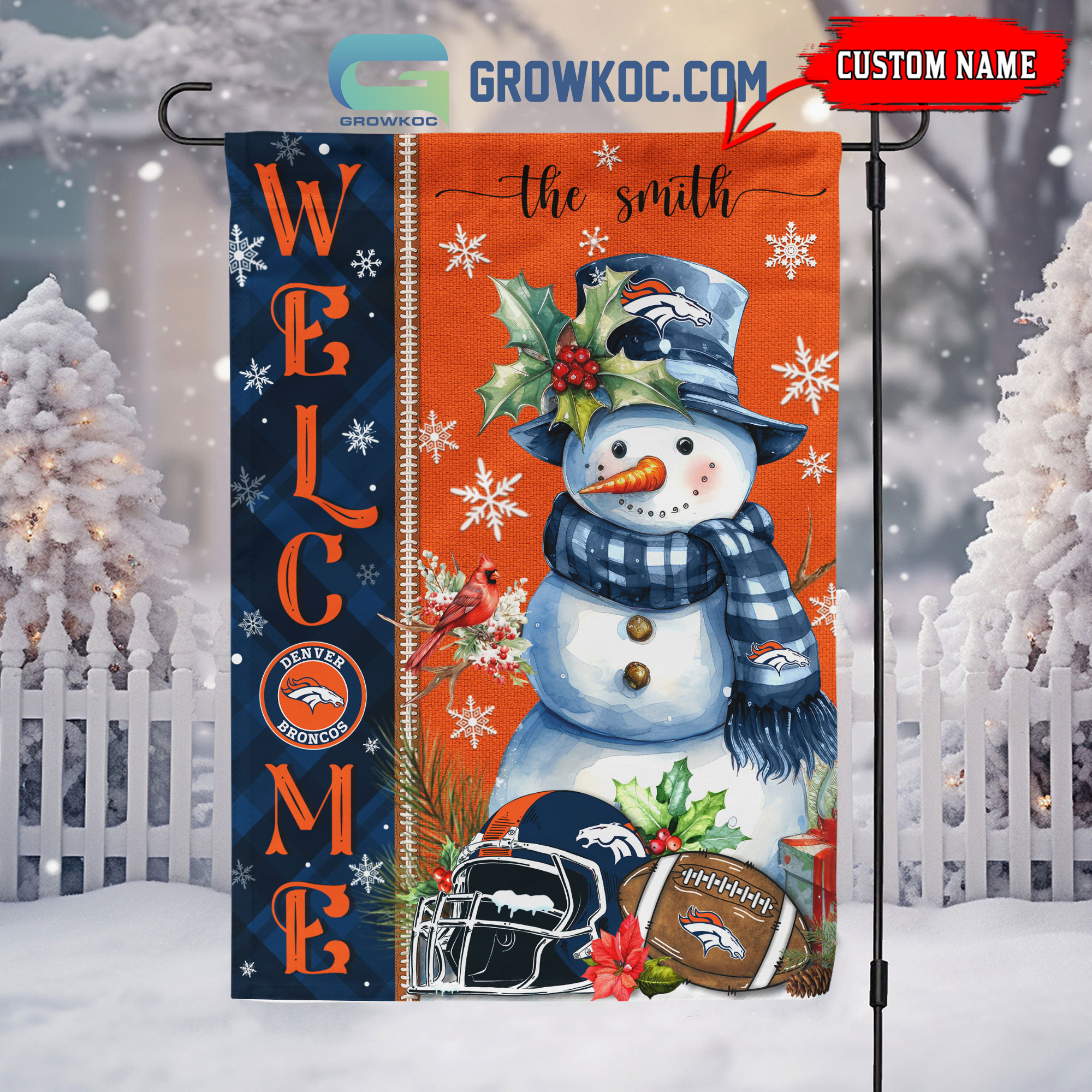 Denver Broncos Football Snowman Welcome Christmas Personalized House Gargen Flag2B1 SOrqa