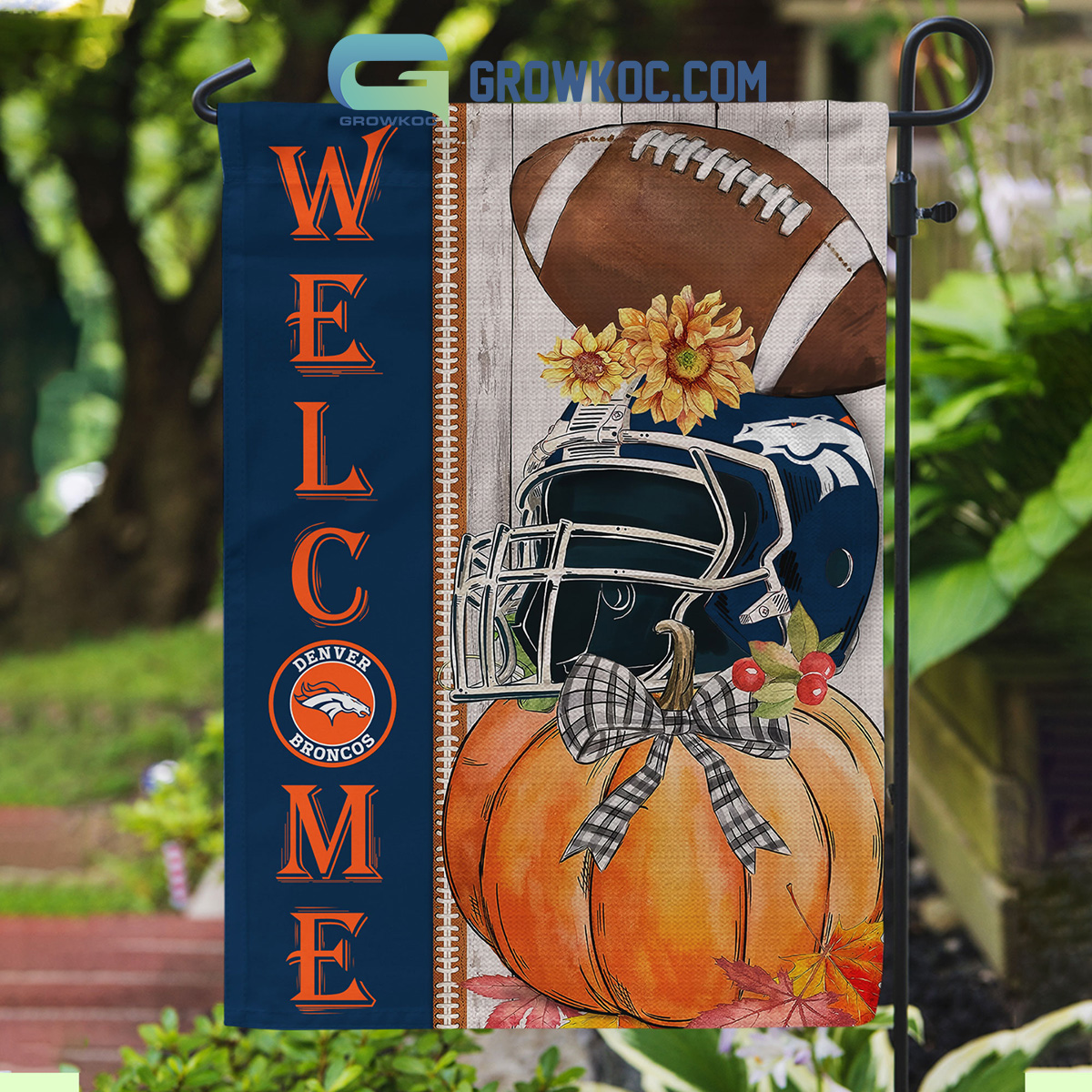 Denver Broncos NFL Welcome Fall Pumpkin Personalized House Garden Flag2B1 QjFtw