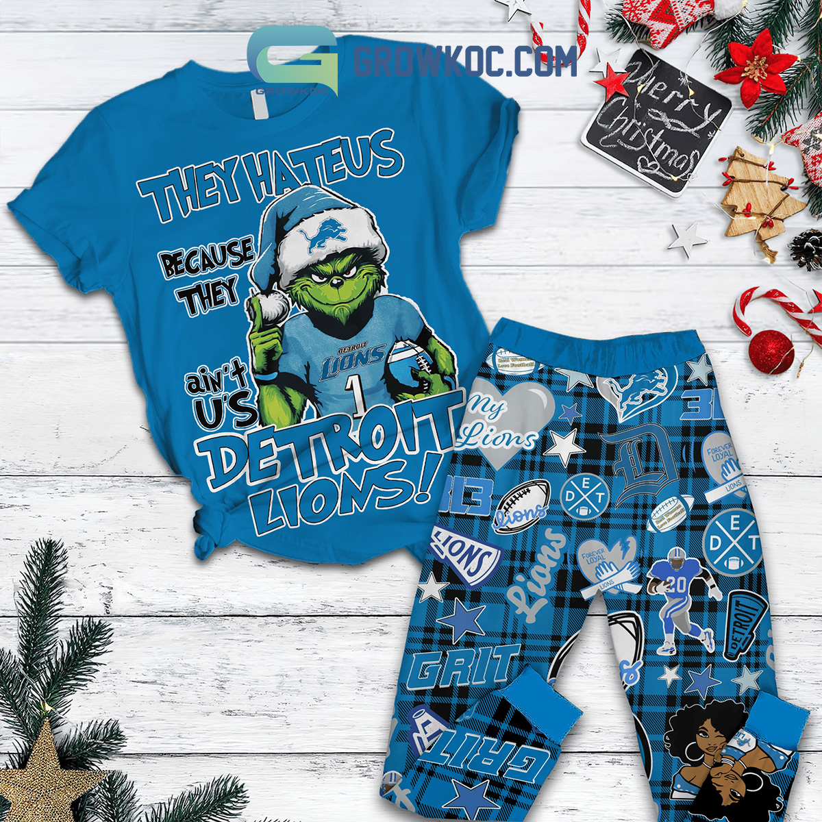 Detroit Lions Grinch They Hate Us Christmas Fleece Pajamas Set2B1 eU0nm