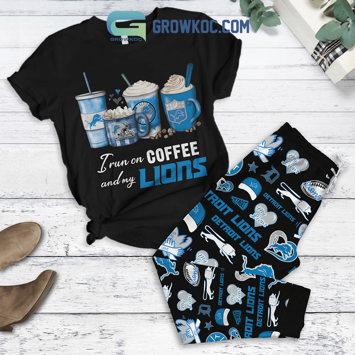 Detroit Lions Run On Coffee Fan Love Fleece Pajamas Set Black2B1 cccvB