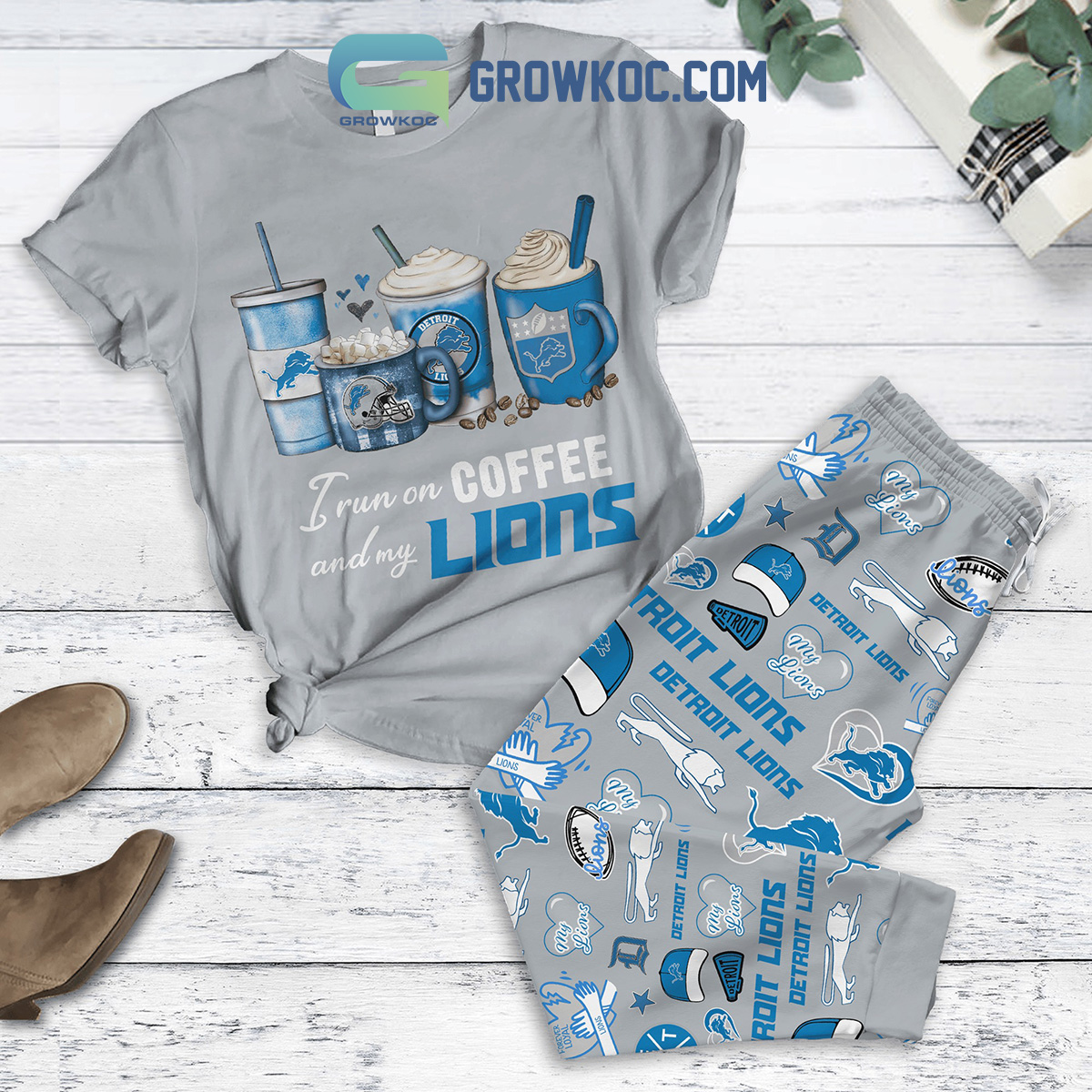 Detroit Lions Run On Coffee Fan Love Fleece Pajamas Set Grey2B1 8HqNi