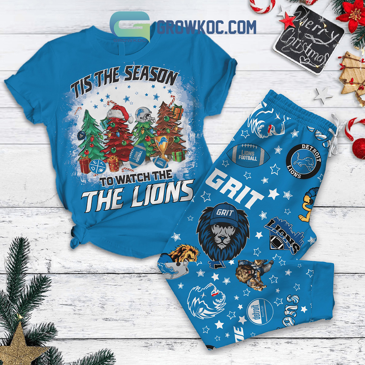 Detroit Lions Tis The Season To Watch The Lions One Pride Defend The Den Roary Gridiron Heroes Christmas Fleece Pajama Set2B0 HeI4L