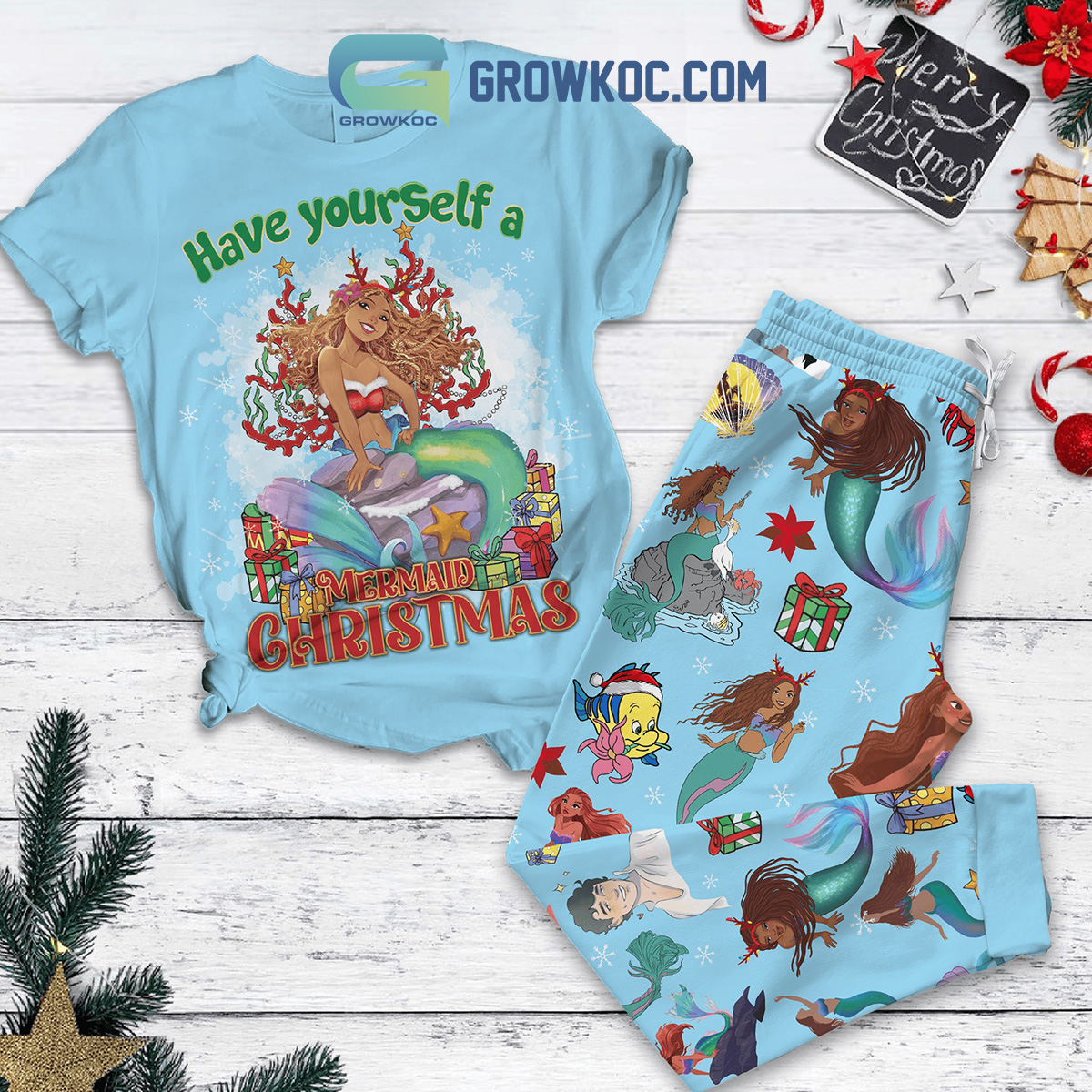 Disney Little Mermaid Have Yourself A Mermaid Christmas Fairy Tales Fleece Pajamas Set2B0 6eCPJ