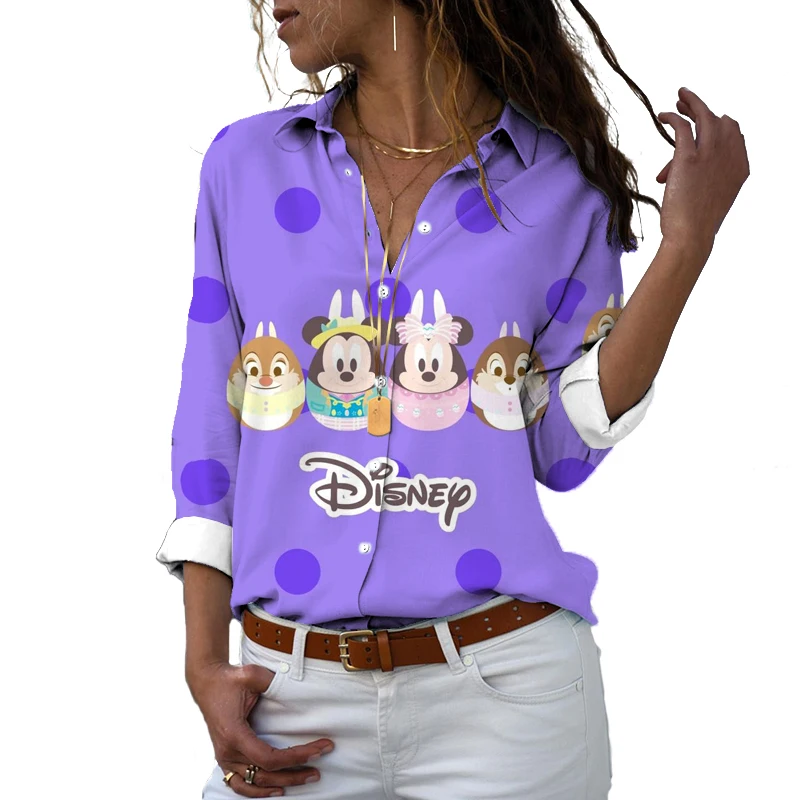 Disney Shirt Retro Polo Collar Mickey Mouse Cartoon Print Women Y2K Full Matching Cute Loose Casual