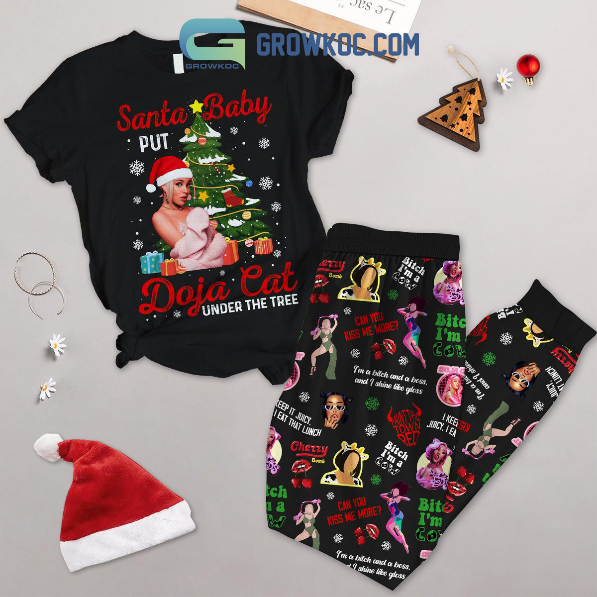 Doja Cat Under The Tree Santa Christmas Fleece Pajamas Set2B1 1O1LU