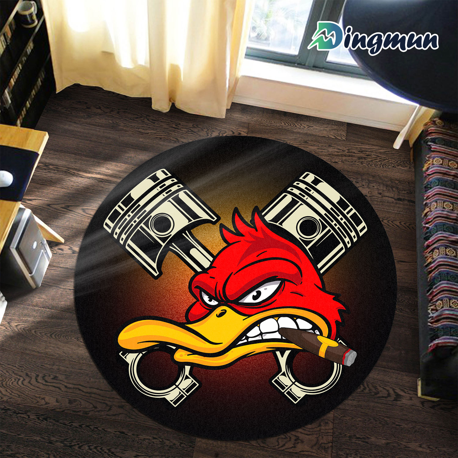 Duck Hot Rod Garage Round Rug 1