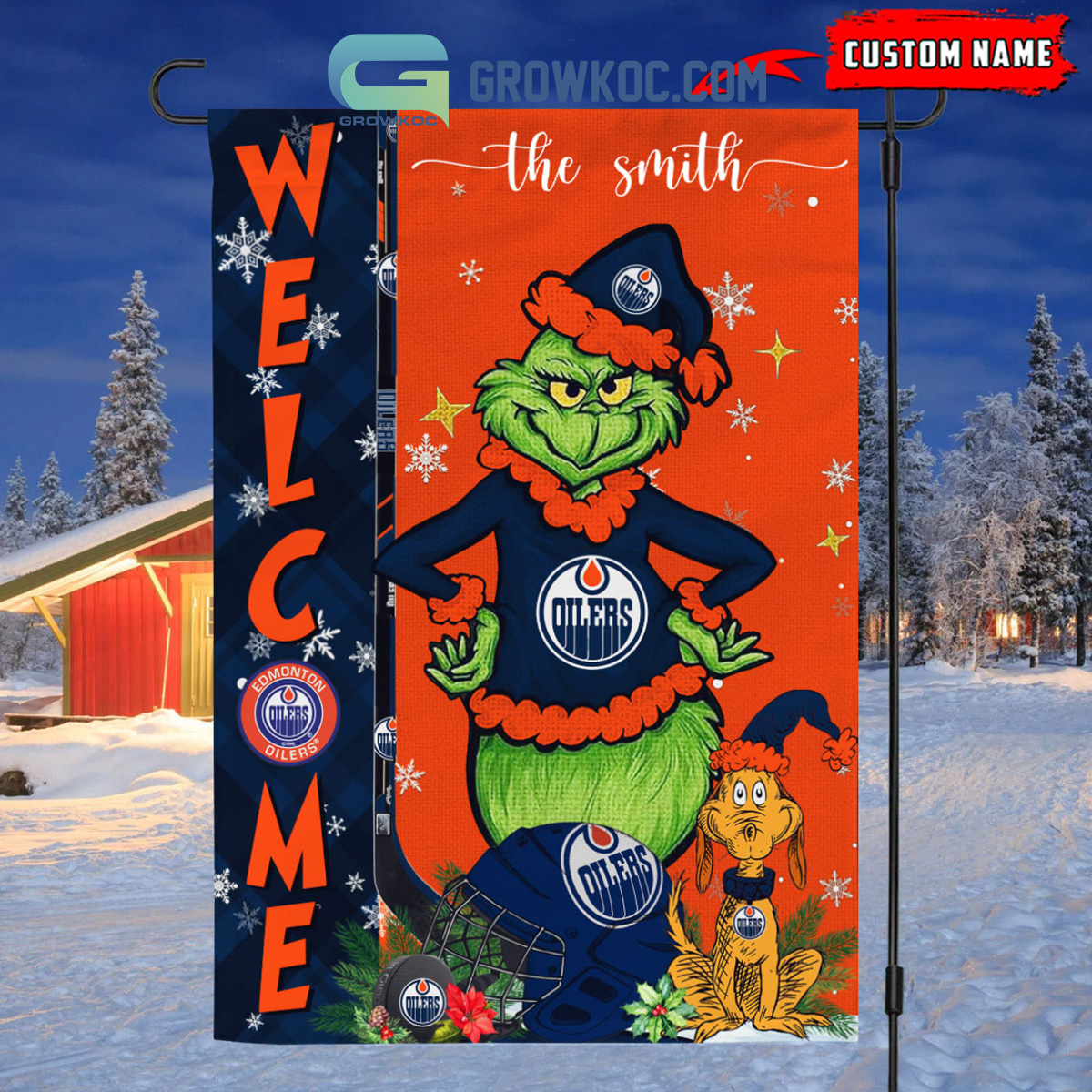 Edmonton Oilers Grinch Christmas Personalized House Garden Flag Canvas2B1 BBN3t