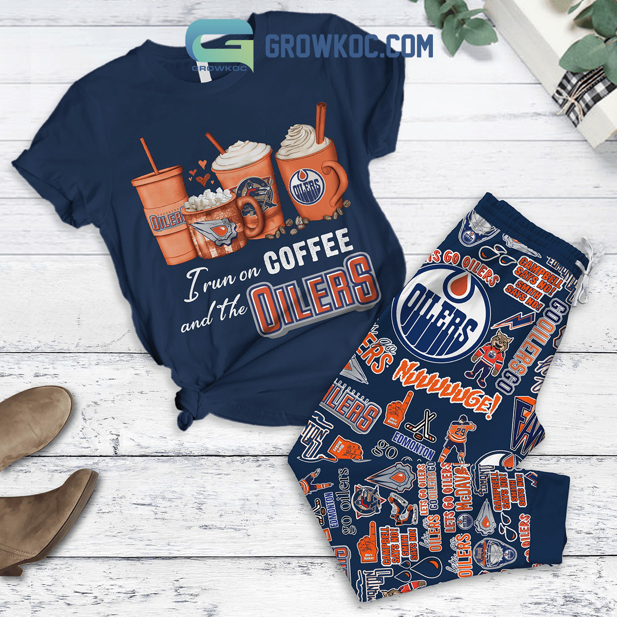 Edmonton Oilers Run On Coffee Fleece Pajamas Set2B1 GKECH