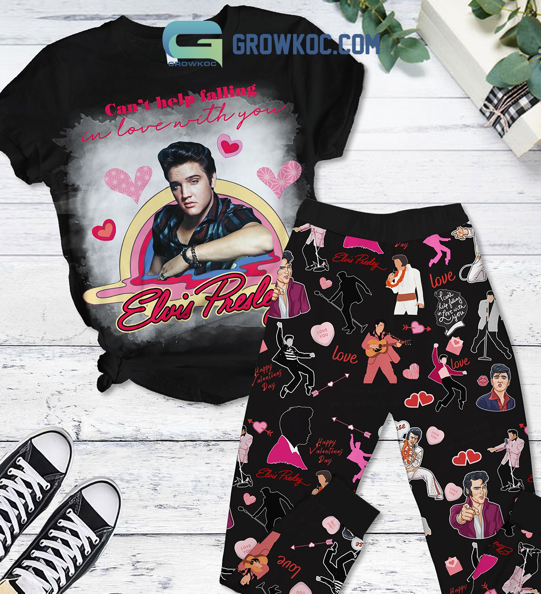 Elvis Presley Falling In Love Valentine Fleece Pajamas Set Black2B1 tA6NS