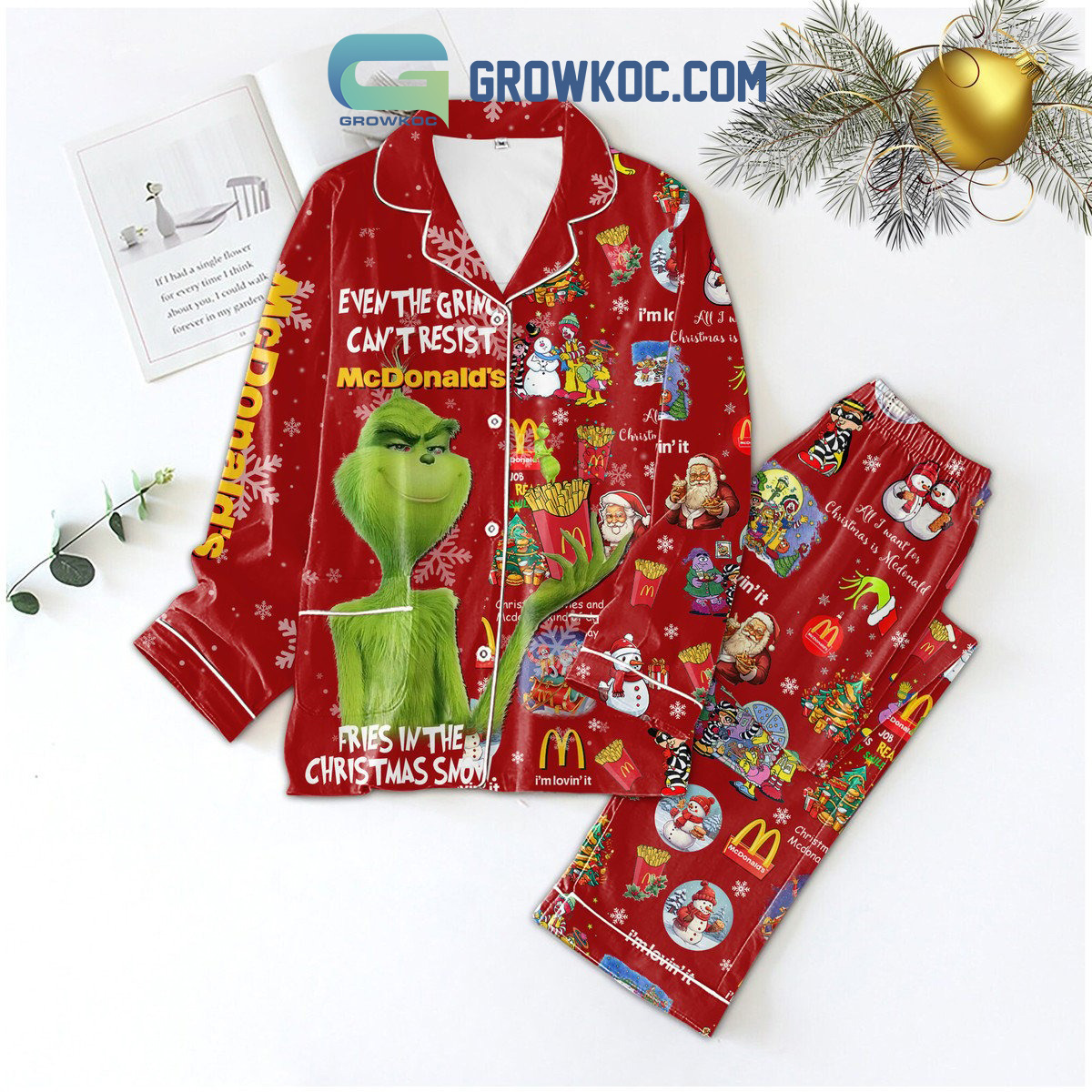 Even The Grinch Can t Resist McDonald s Fries In The Christmas Snow I m Lovin It Christmas Silk Pajamas Set2B1 LjKXD