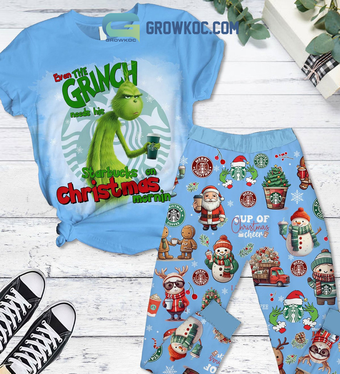 Even The Grinch Needs His Starbucks On Christmas Morning Fleece Pajamas Set2B1 1Vrd2