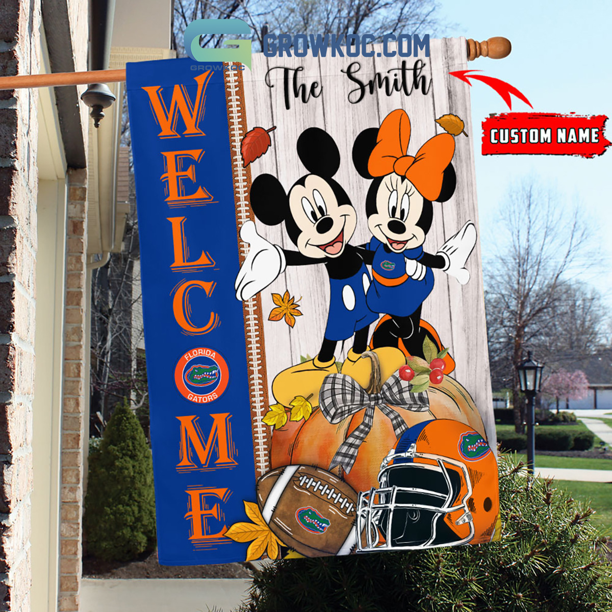 Florida Gators NCAA Disney Mickey Minnie Welcome Fall Pumpkin Personalized House Garden Flag2B1 Yljt5