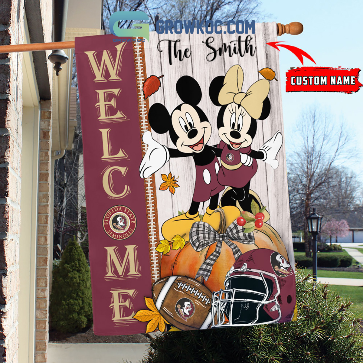 Florida State Seminoles NCAA Disney Mickey Minnie Welcome Fall Pumpkin Personalized House Garden Flag2B1 I91dC