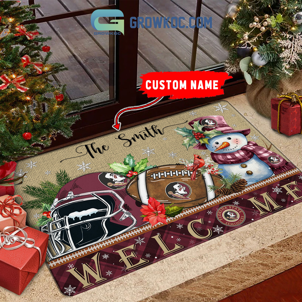 Florida State Seminoles Snowman Welcome Christmas Football Personalized Doormat2B1 g38XX