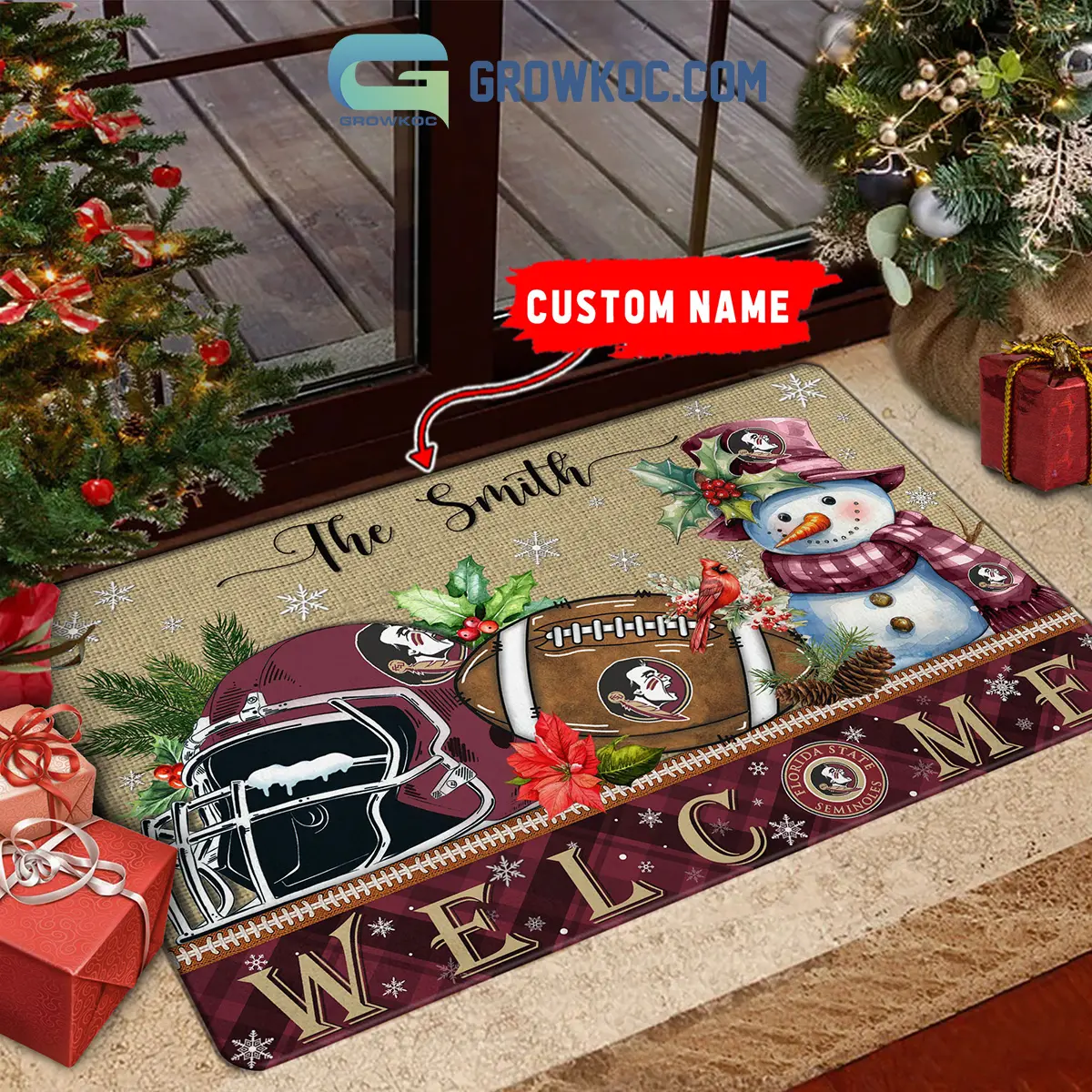 Florida State Seminoles Snowman Welcome Christmas Football Personalized Doormat2B1 g38XX