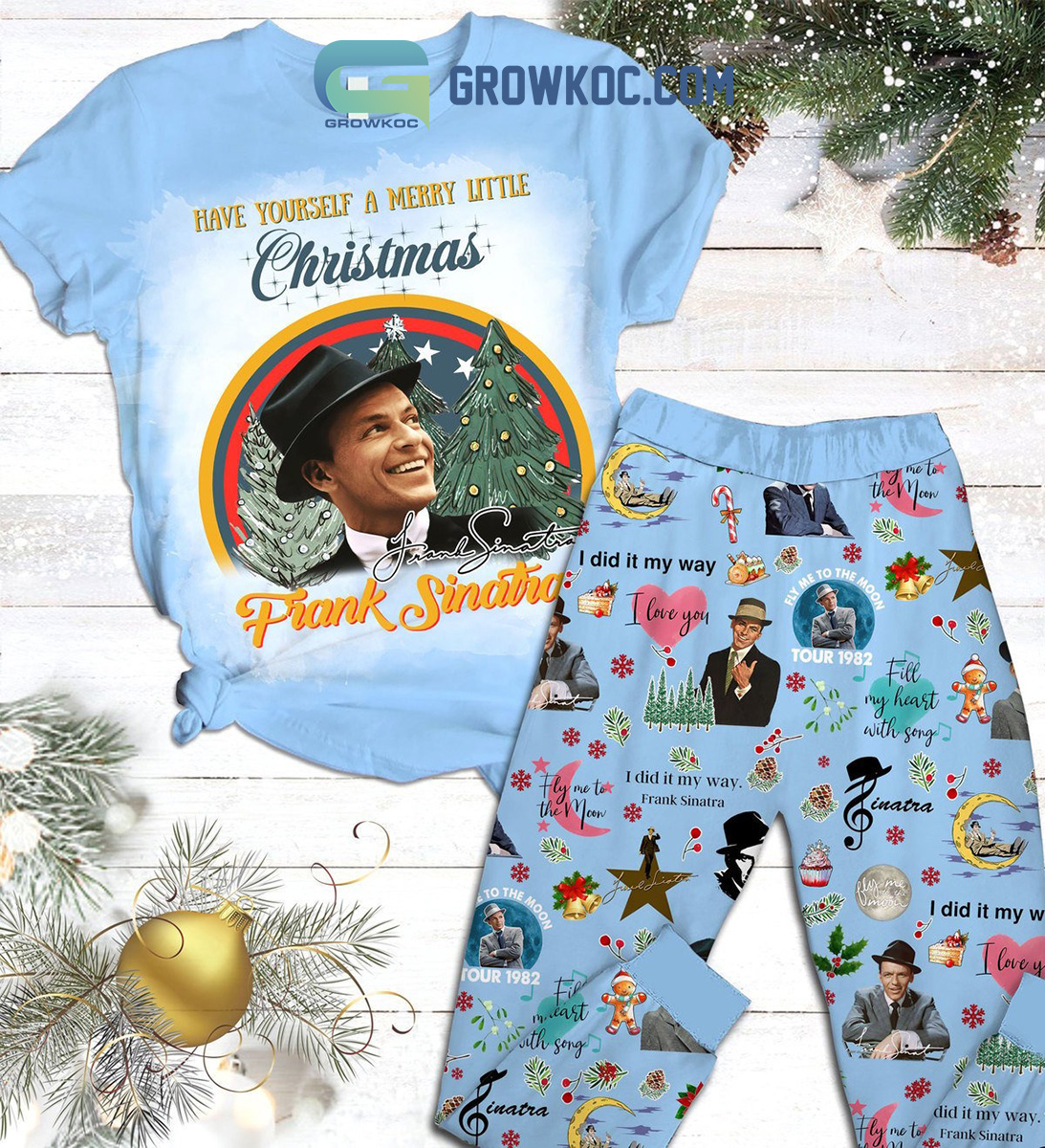 Frank Sinatra Have Yourself A Merry Little Christmas I Did It My Way Fill My Heart With Songs Fly Me To The Moon Christmas Fleece Pajama Set2B1 sj62v