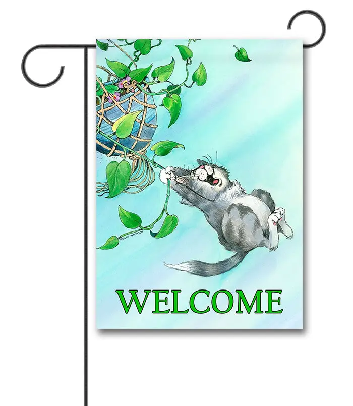 Gary Patterson Cat Swinging from Plant Welcome Garden Flag