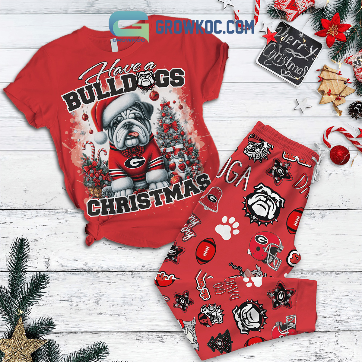 George Bulldogs Have A Bulldogs Christmas Fleece Pajamas Set2B1 ChKkZ