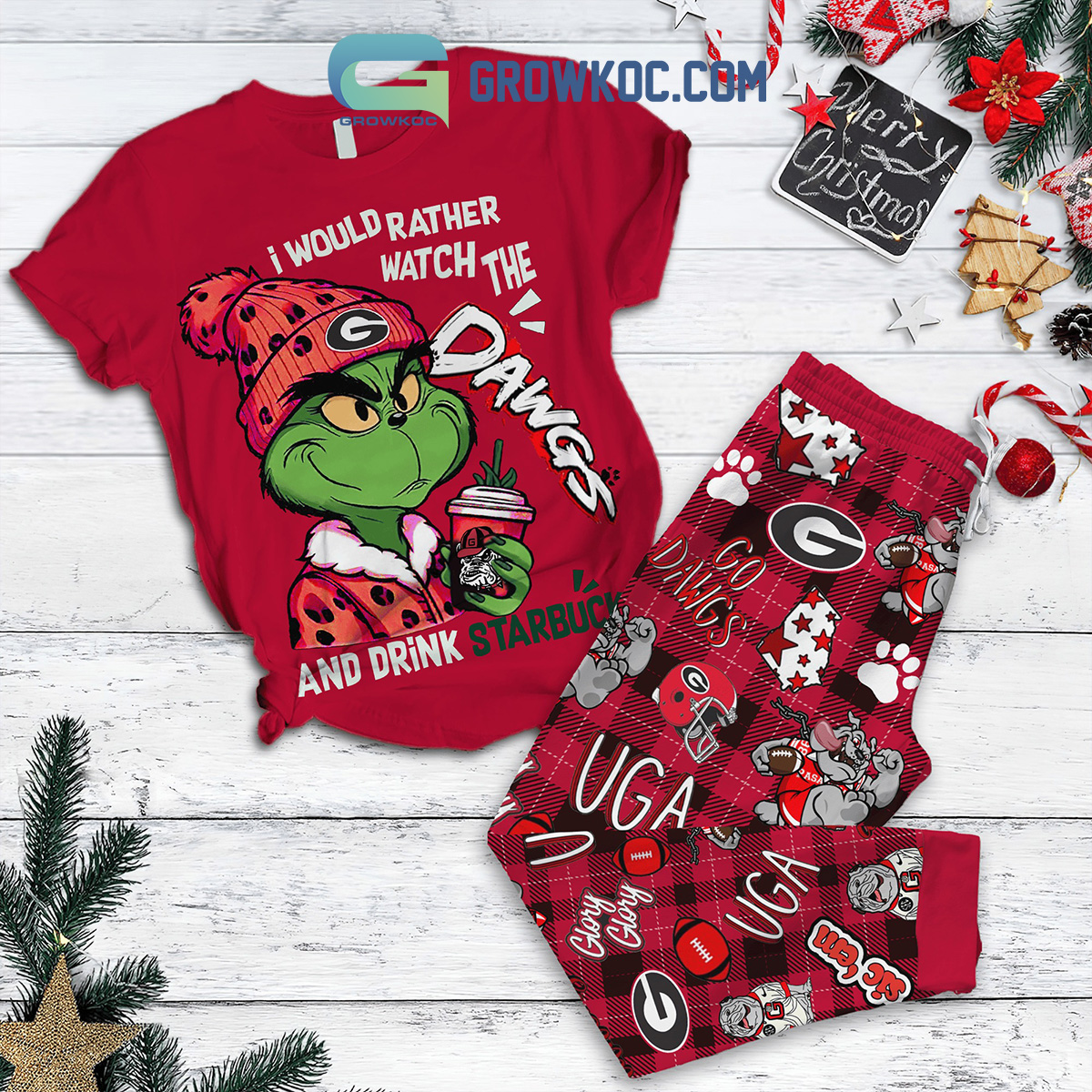 Georgia Bulldogs Grinch Drink Starbucks Fleece Pajamas Set 2B1 0Dpsl