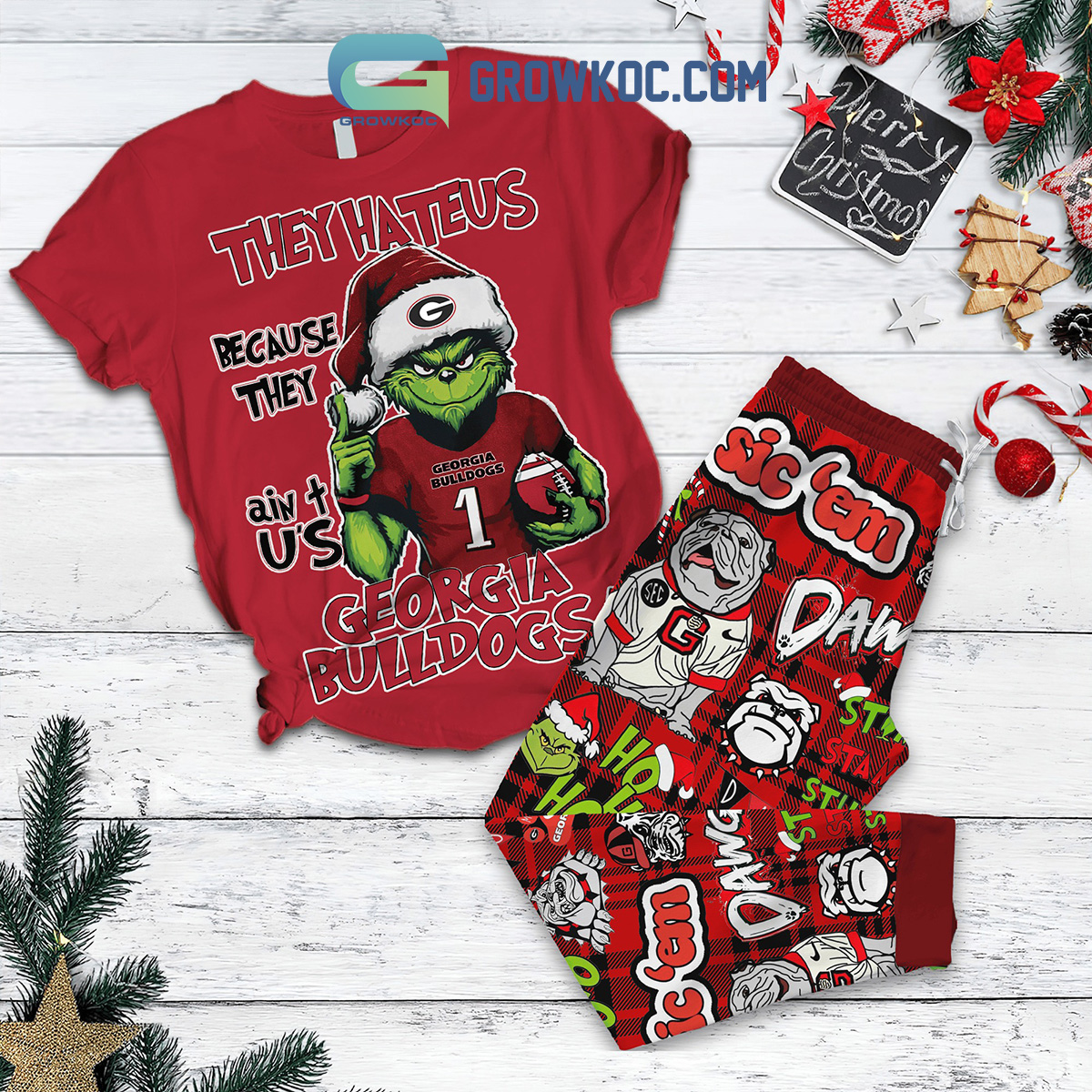 Georgia Bulldogs Grinch Hate Us Christmas Fleece Pajamas Set2B1 E9yF9