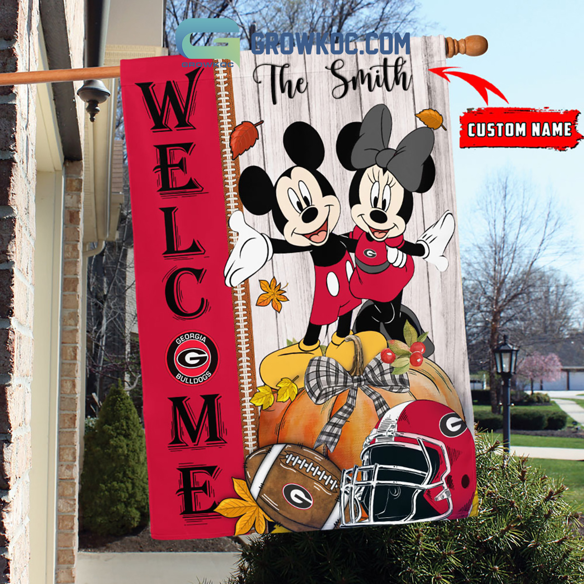 Georgia Bulldogs NCAA Disney Mickey Minnie Welcome Fall Pumpkin Personalized House Garden Flag2B1 oPG1U