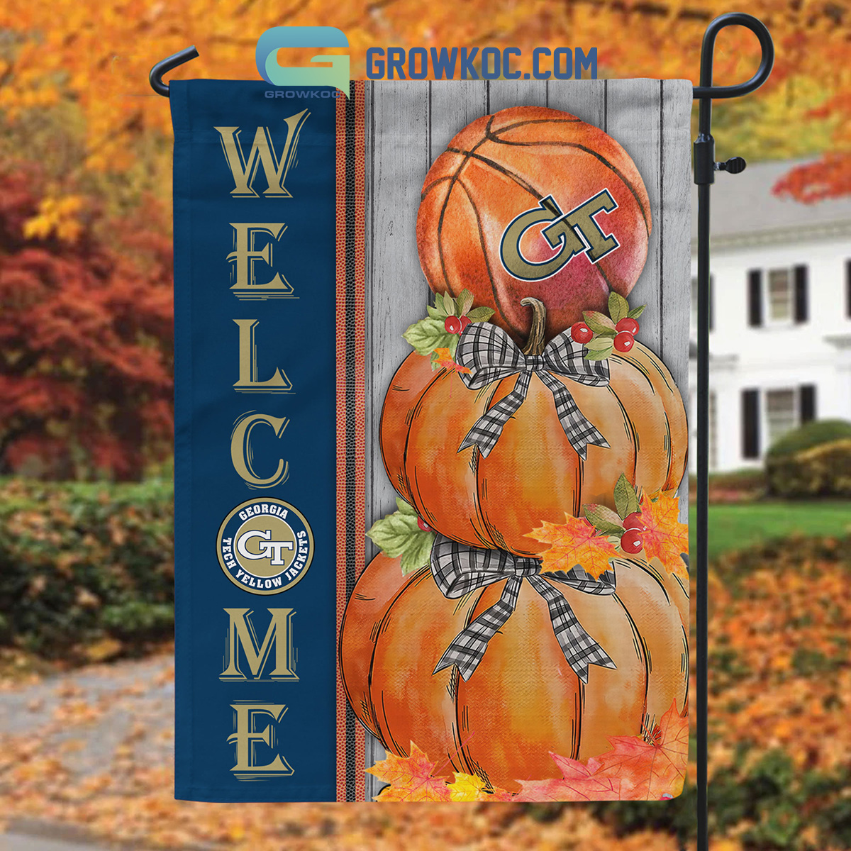 Georgia Tech Yellow Jackets NCAA Basketball Welcome Fall Pumpkin House Garden Flag2B1 JKAr1