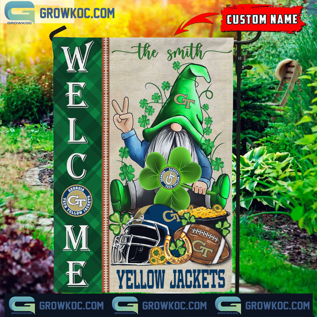 Georgia Tech Yellow Jackets St. Patricks Day Shamrock Personalized Garden Flag2B1 uT9CW