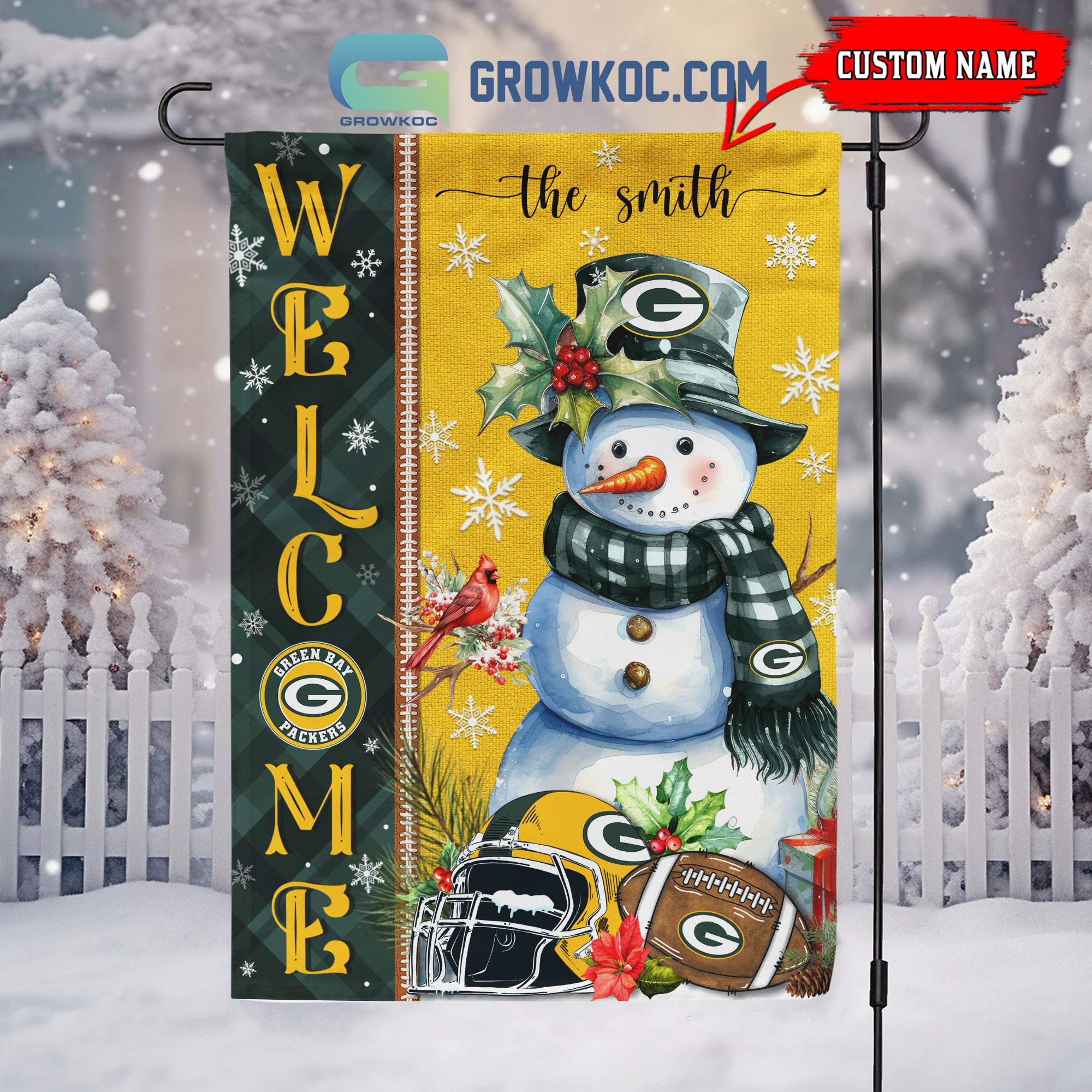 Green Bay Packers Football Snowman Welcome Christmas Personalized House Gargen Flag2B1 QfQaD