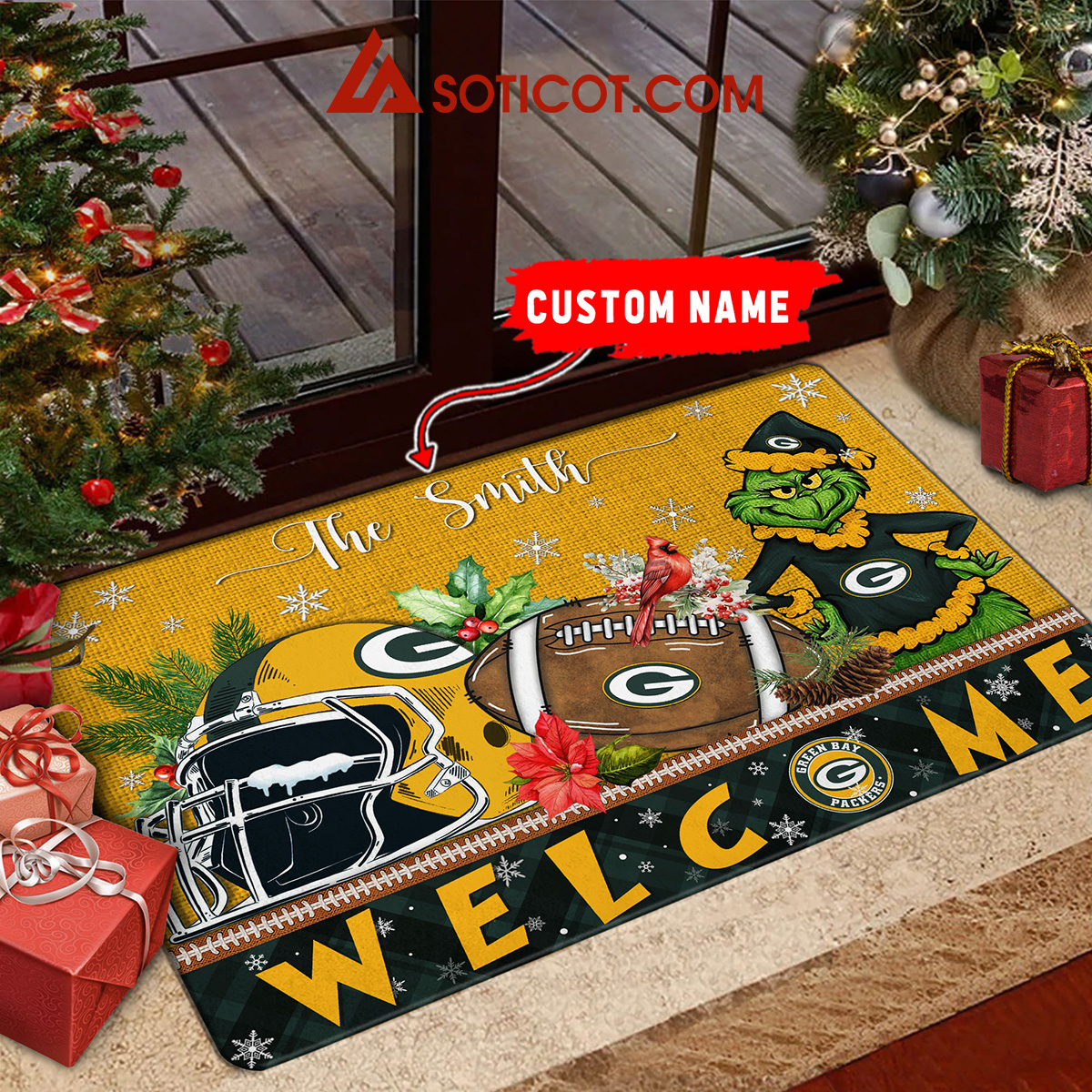 Green Bay Packers Grinch Welcome Christmas Football Personalized Doormat2B1 JysKE