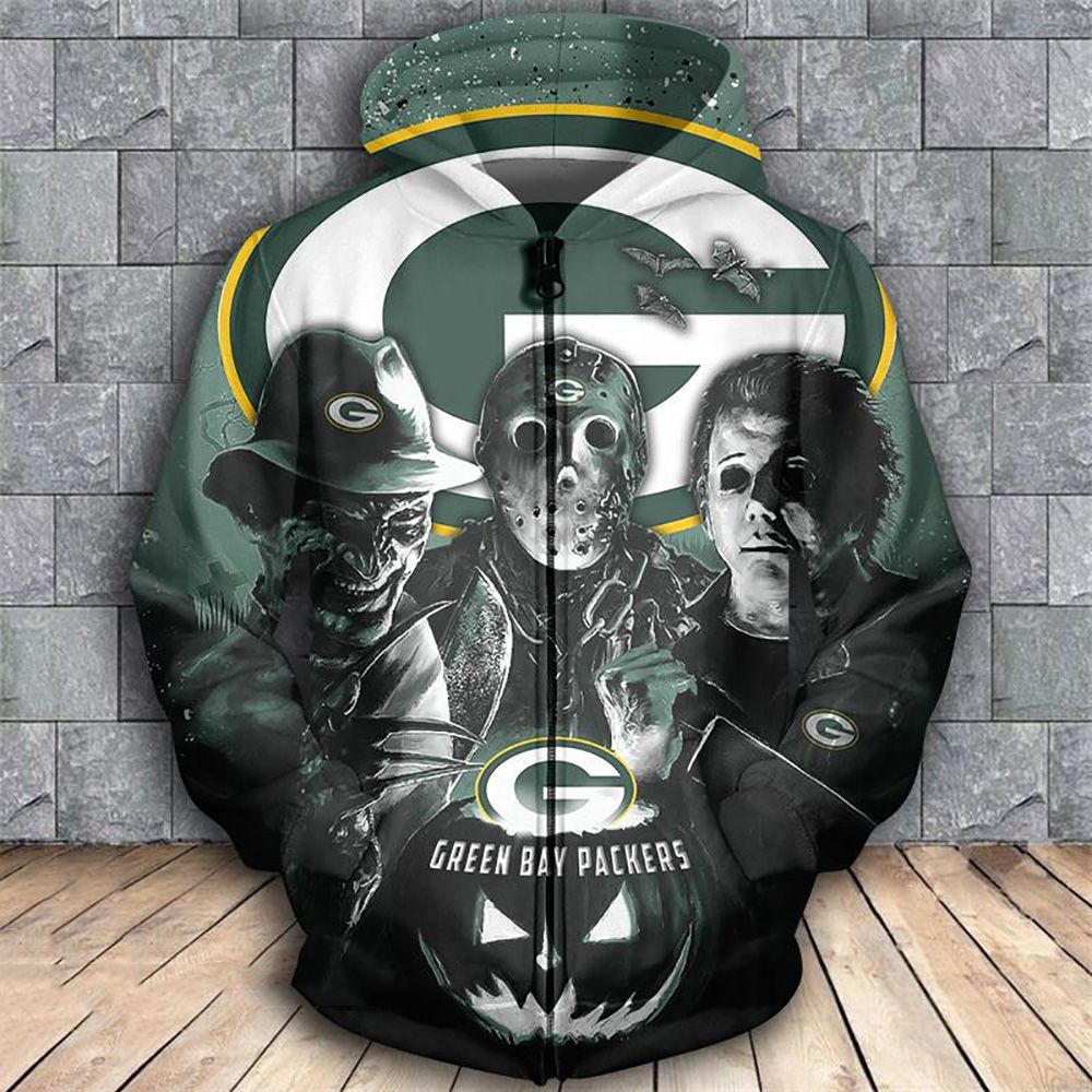 Green Bay Packers NFL Horror Movie Characters 3D All Over Print Hoodie with Zipper 1