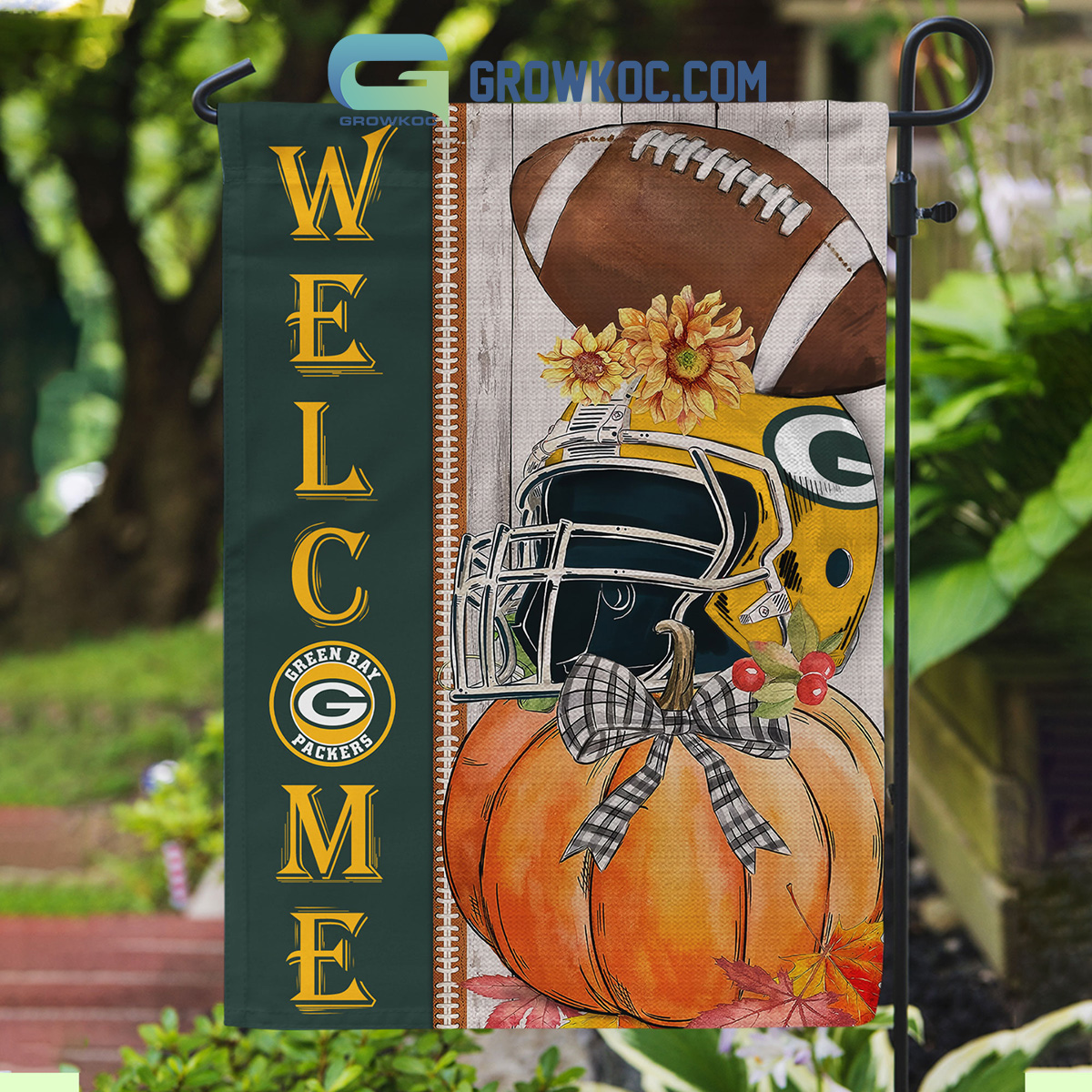 Green Bay Packers NFL Welcome Fall Pumpkin Personalized House Garden Flag2B1 4NVzC