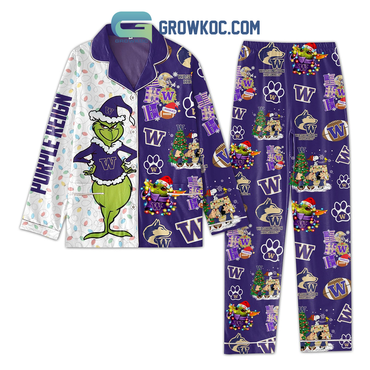 Grinch Baby Yoda Washington Huskies UW Purple Reign NCAA Christmas Holidays Silk Pajamas Set2B1 iW3zV