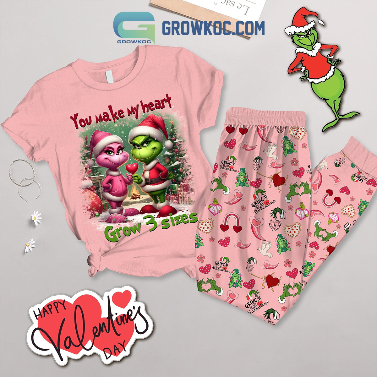 Grinch Make My Heart Grow Fleece Pajamas Set2B1 mF75s