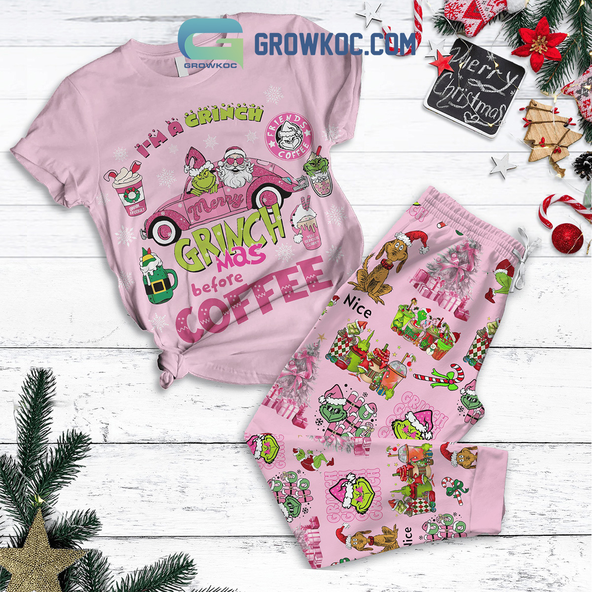 Grinch Merry Grinchmas Coffee Time Christmas Fleece Pajamas Set2B1 x6kO7