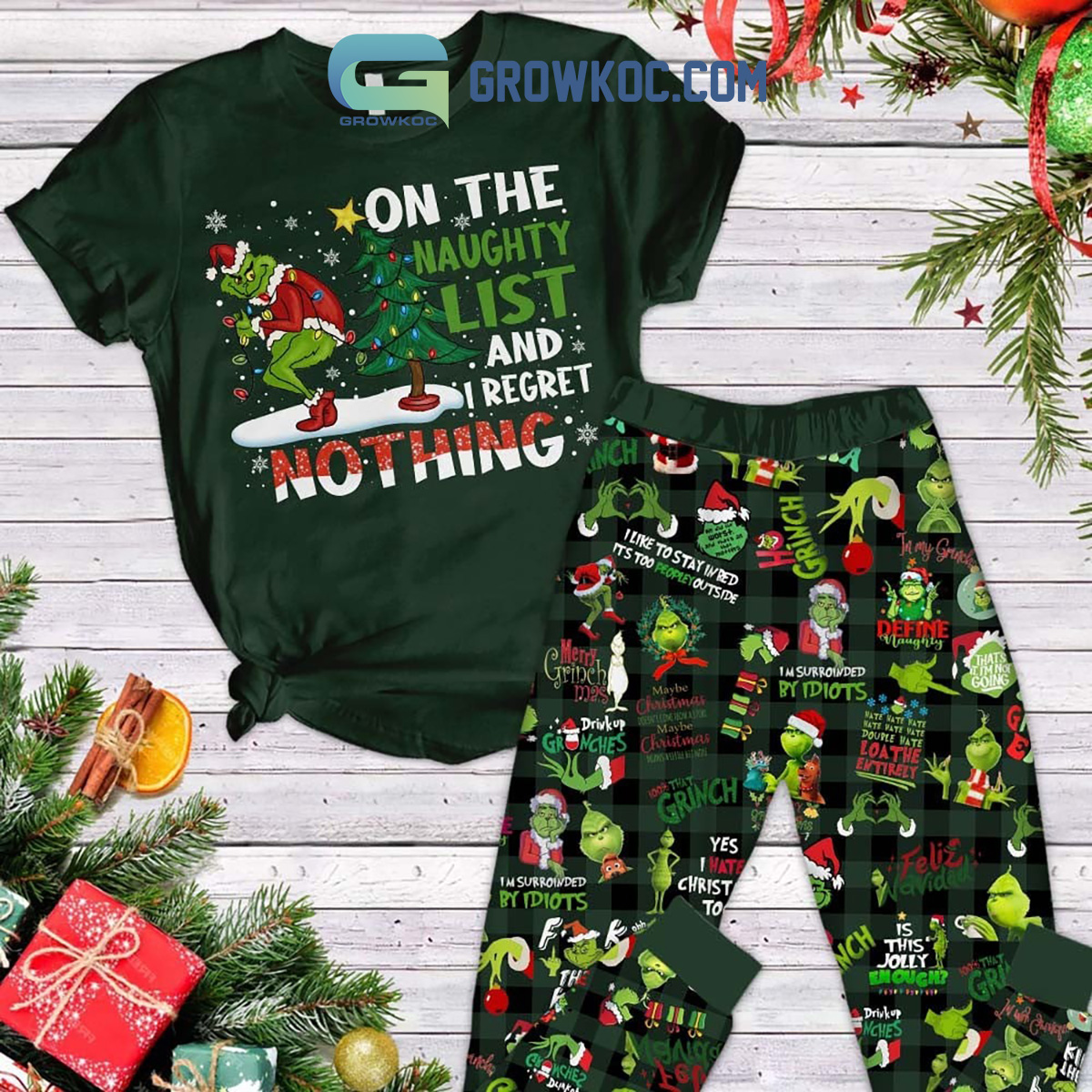 Grinch On The Naughty List And I Regret Nothing Pajamas Set2B1 ATTEl