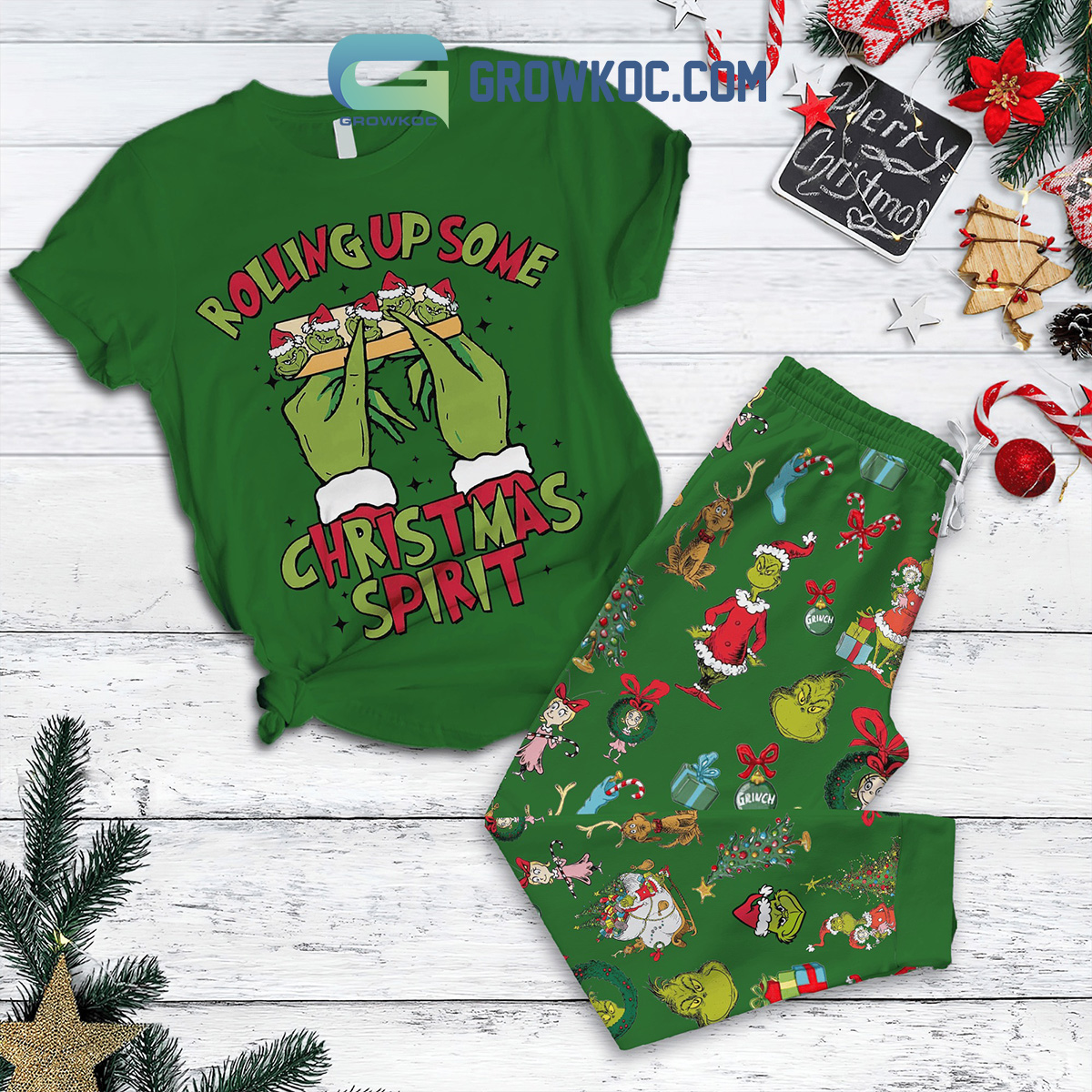 Grinch Rolling Up Some Christmas Spirit Fleece Pajamas Set2B1 mae9i