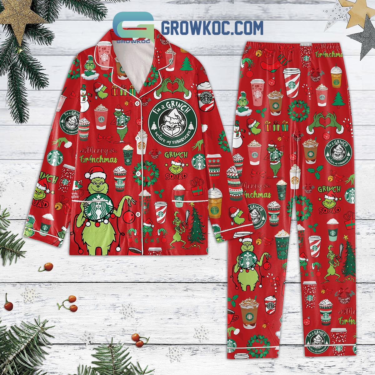 Grinch Starbucks Red Design Christmas For Coffeeholic Polyester Pajamas Set 2B1 rV2qO