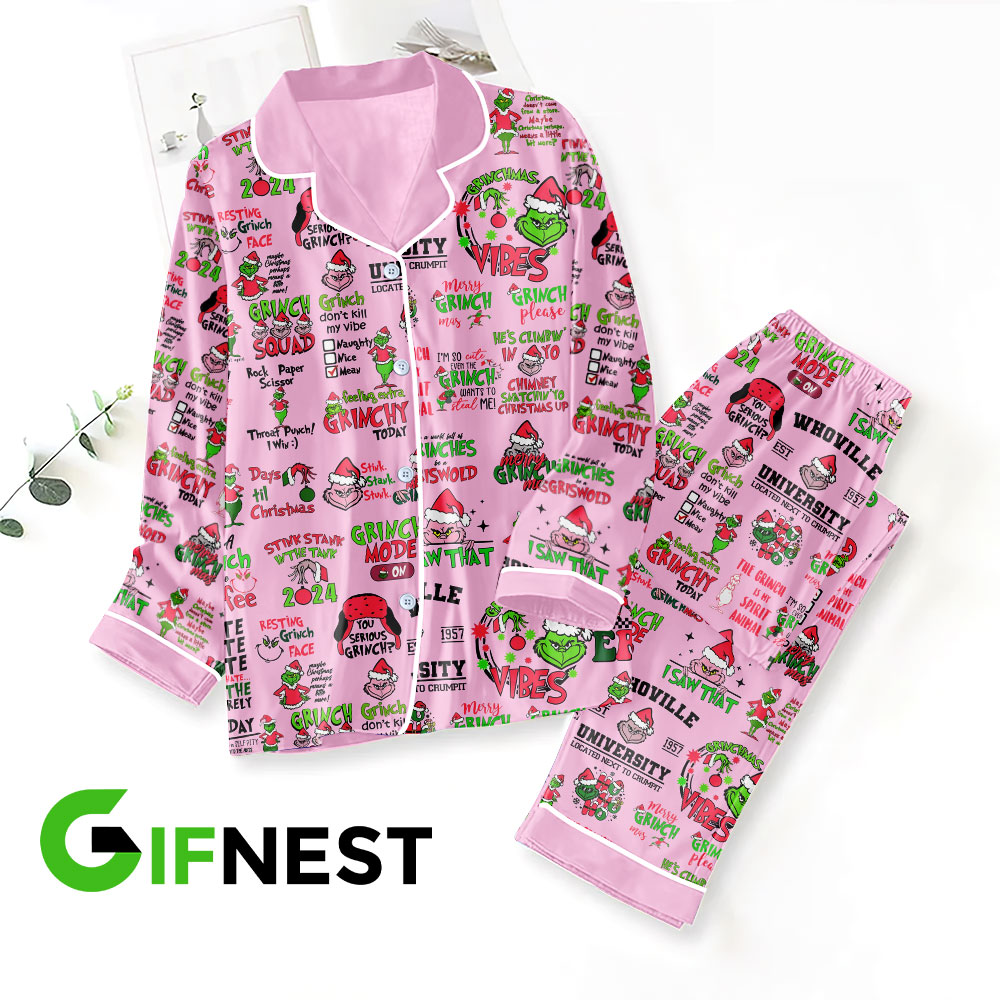 Grinch Button Down Pajamas Set VANDH1594 Hanh 1